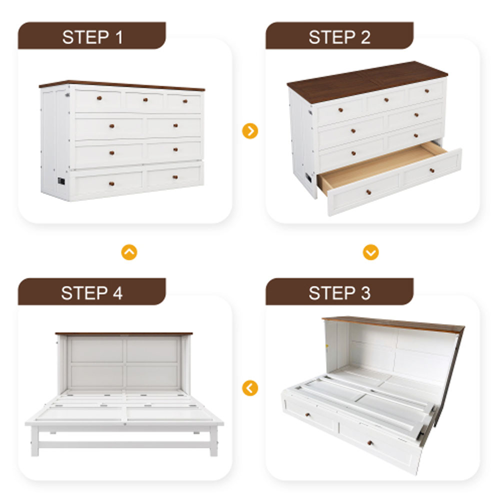 Solid Pine Murphy Bed Chest with Charging Station and Large Storage Drawer for Home Office or Small Room , Full, White+Walnut