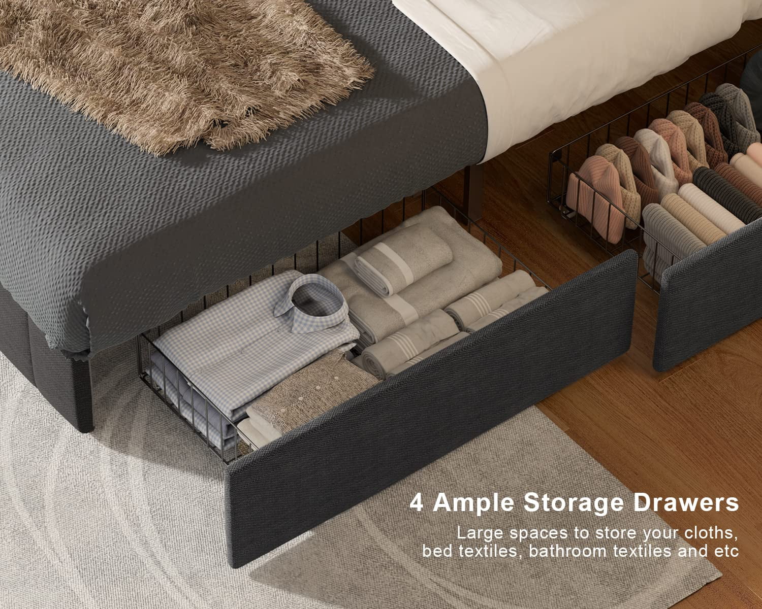 Lofka Full Bed Frame with 4 Drawers(Wheeled) and Adjustable Headboard Platform Bed Dark Grey