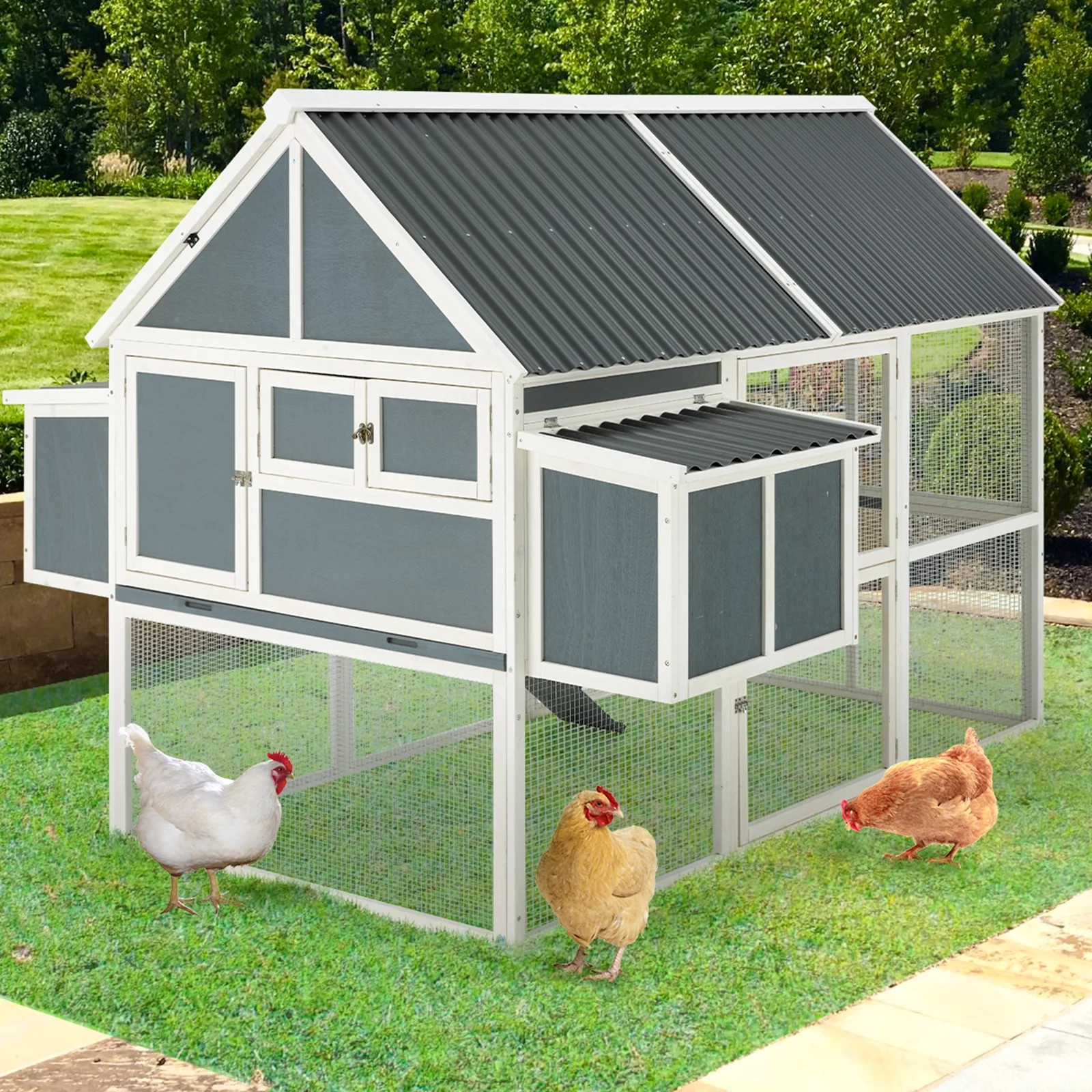 YODOLLA 84” Large Chicken Coop Outdoor Wooden Hen House Poultry Cage with 2 Nesting Boxes & Removable Tray,Gray