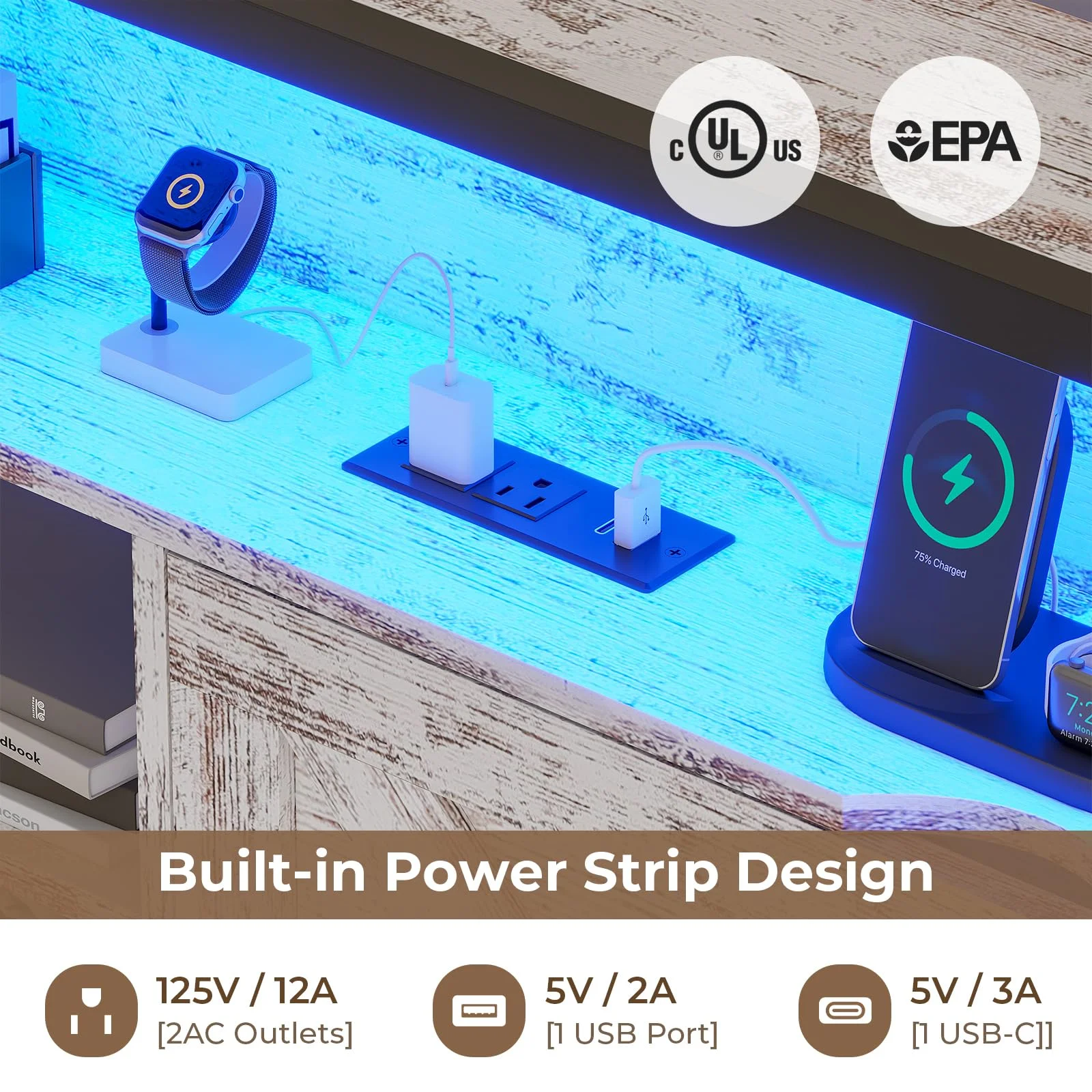 Queen LED Bed Frame with Charging Station and 4 Drawers, Metal Platform Bed Frame with Hidden Storage Headboard, No Box Spring Needed, Old White