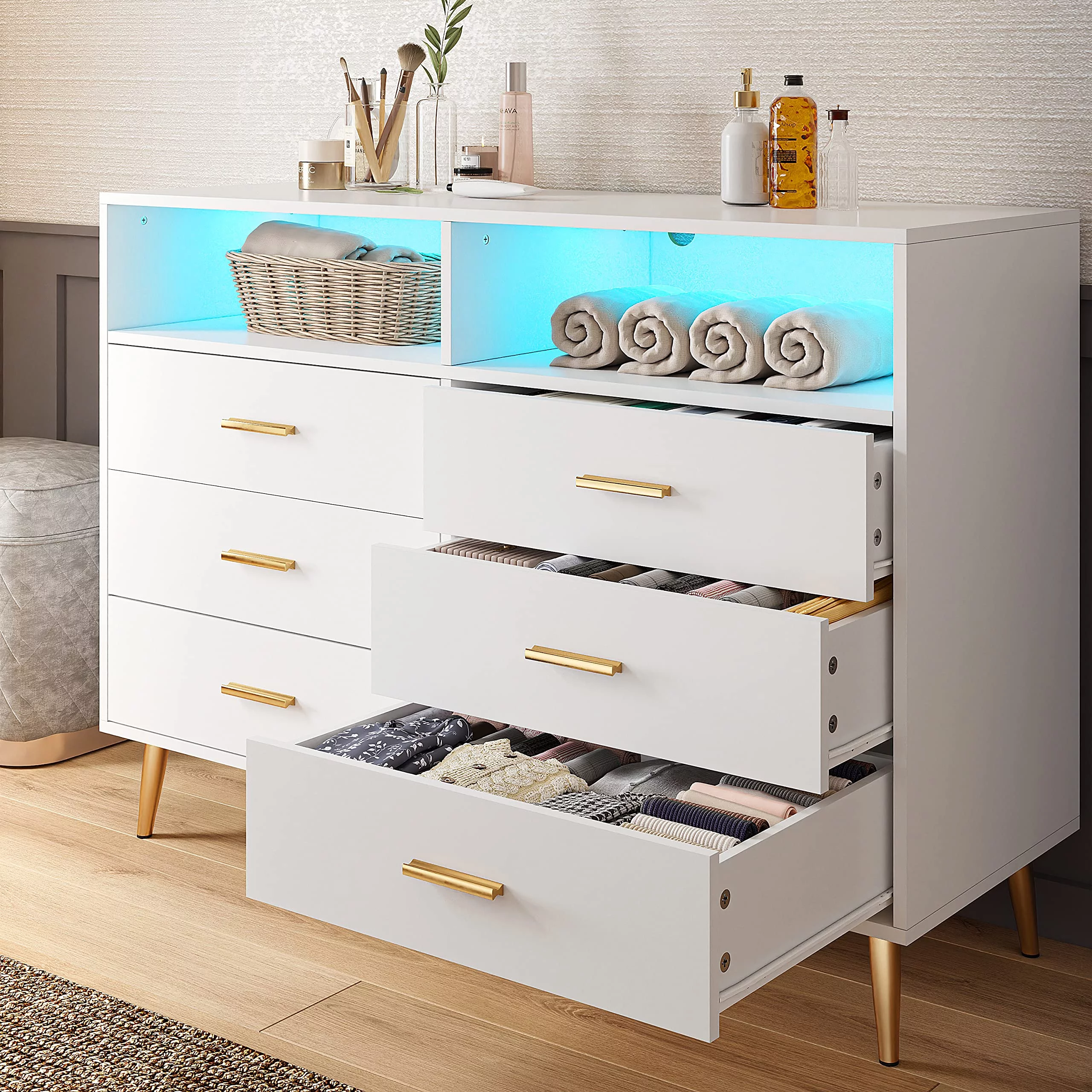 EnHomee Dresser, White Dresser with 6 Deep Drawers, Drawer Dresser with LED Lights, TV Stand Dressers & Chests of Drawers Wood Dresser for Bedroom,Wide Led Dressers,White