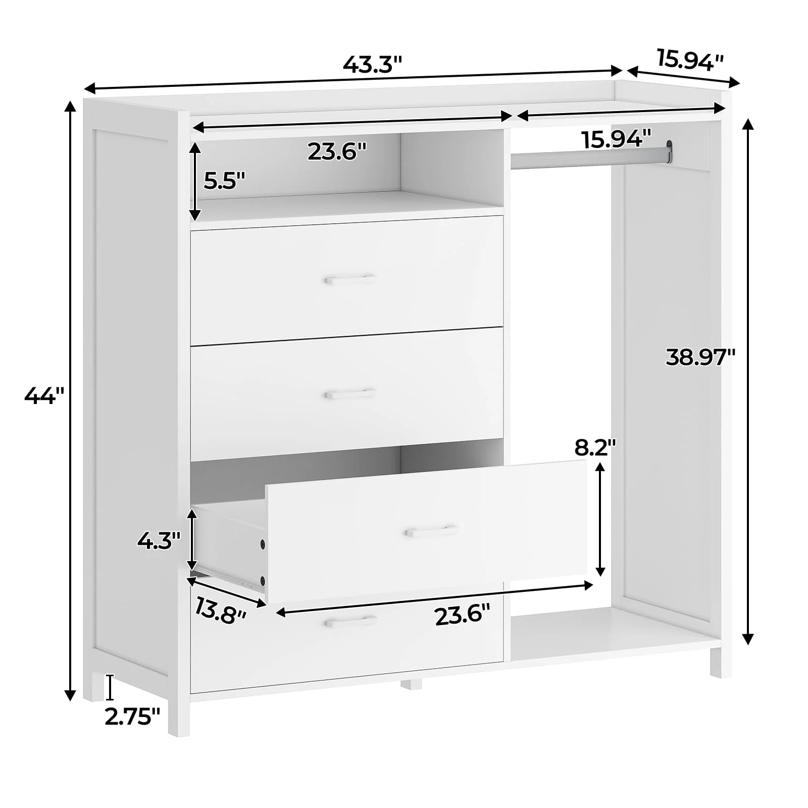 Afuhokles 4 Drawer Dresser for Bedroom with Clothing Rack, Dressers and Chests of Drawers with LED Lights, White