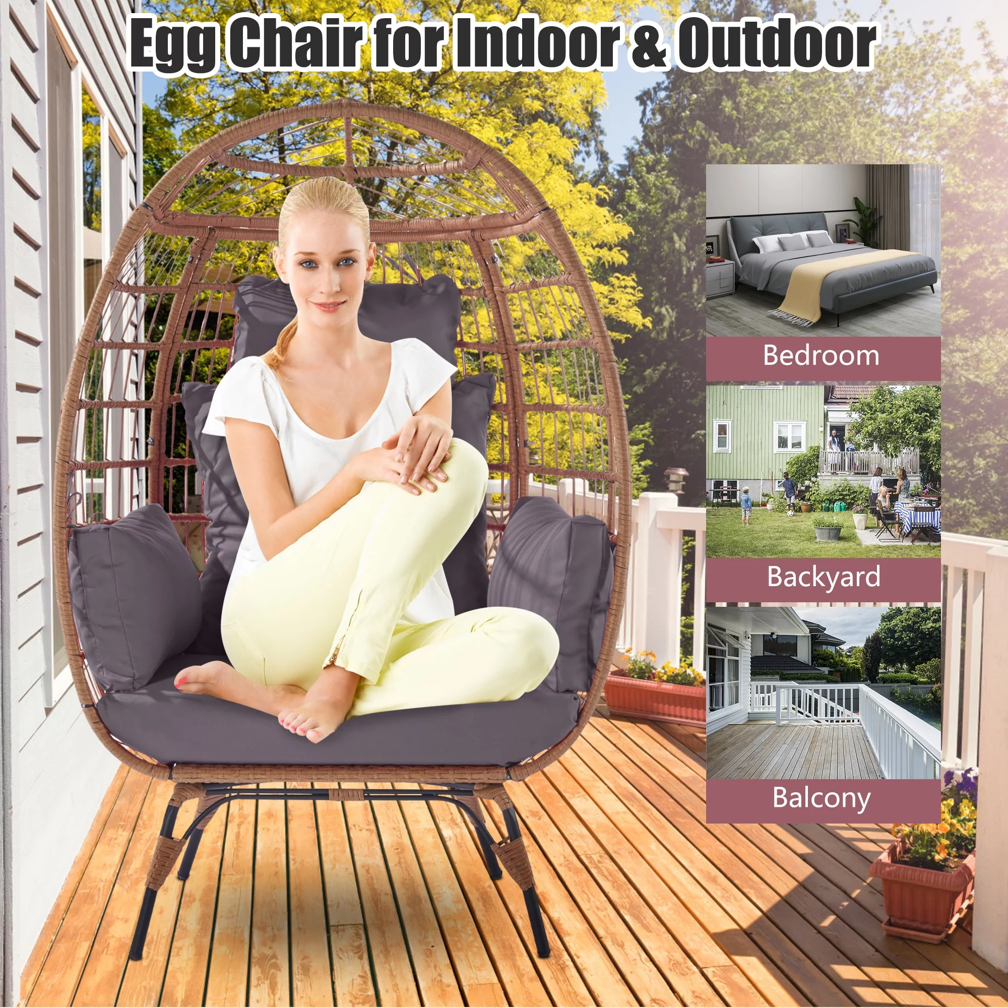 Wicker Egg Chair, Oversized Indoor Outdoor Boho Lounger Chair Stationary Egg Basket Chair, All-Weather 440lb Capacity Patio Chair, Dark Gray