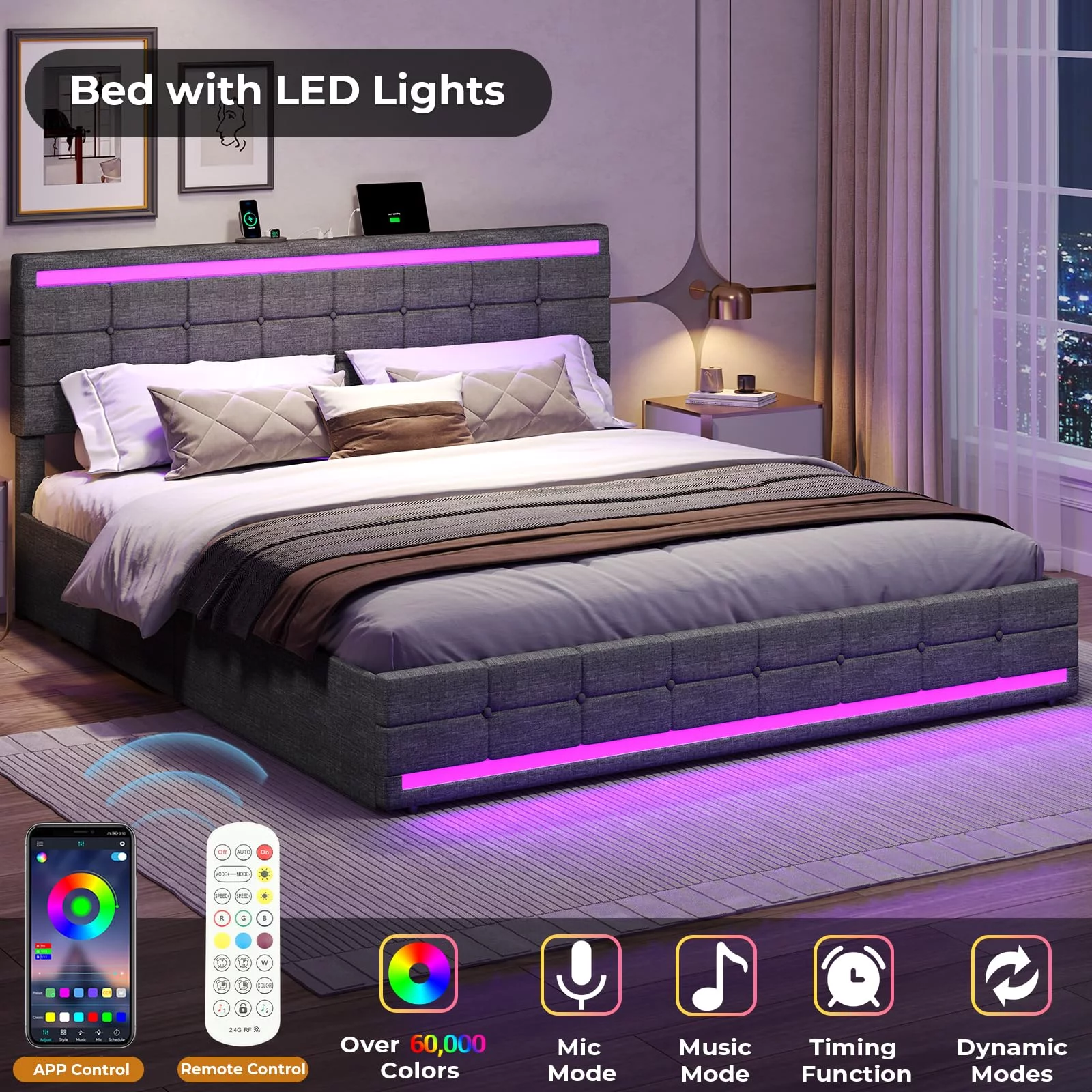 LED Bed Frame King Size Upholstered Platform Bed with 4 Drawers and LED Headboard and 2 USB Ports,Noise-Free, Dark Grey