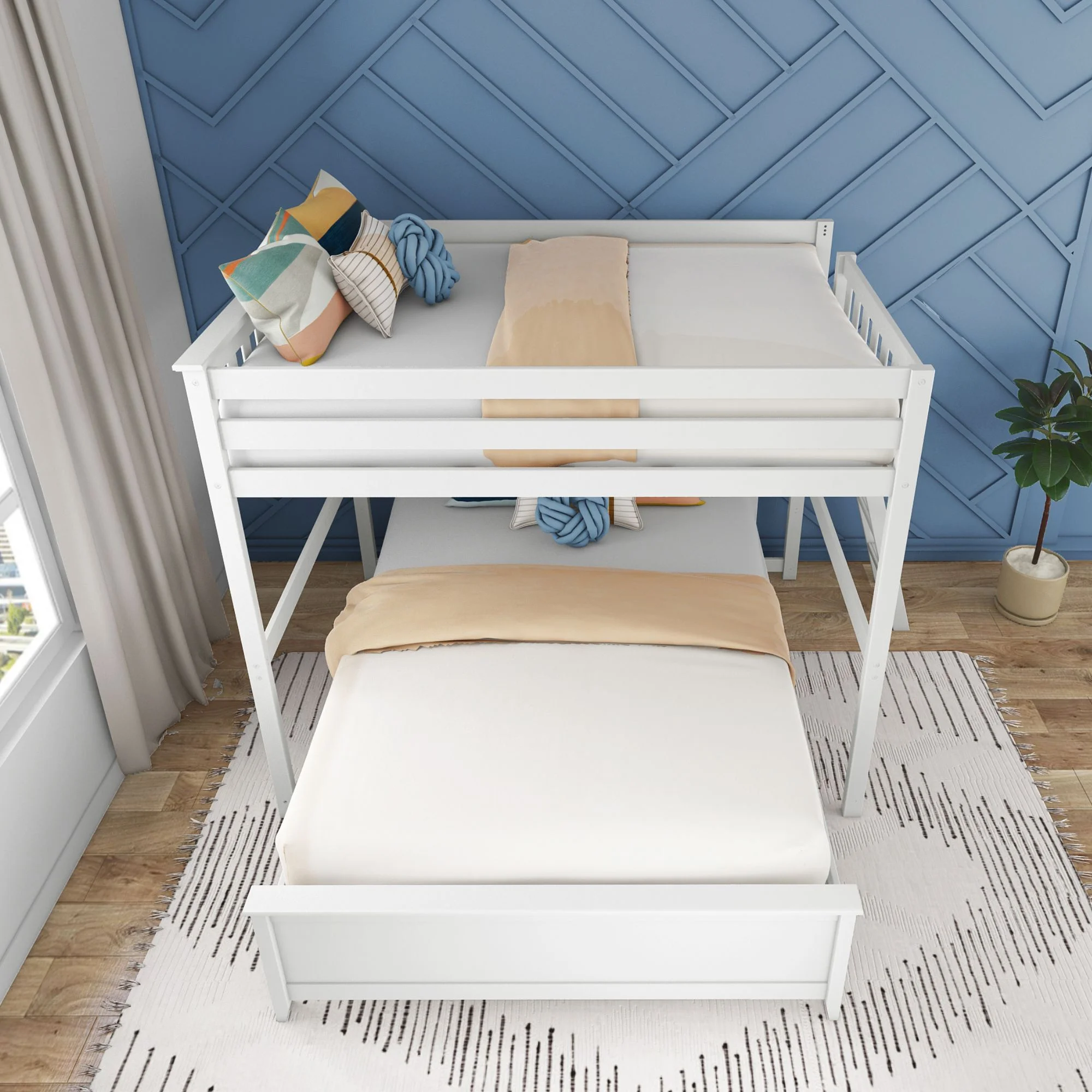 Max & Lily Solid Wood L-Shaped Full over Queen Bunk Bed with Ladder on End for Kids, White