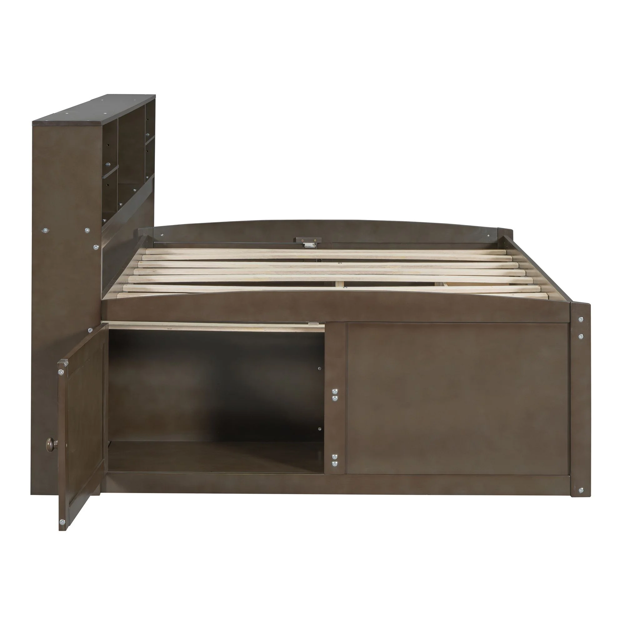 Full Size Solid Wood Bed Frame with 2 Bedside Cabinets, Upper Shelves and 4 Drawers, Platform Bed Frame, Mid Century Bedframe, Wood Daybed, Wood Foundation(Brown, Full)