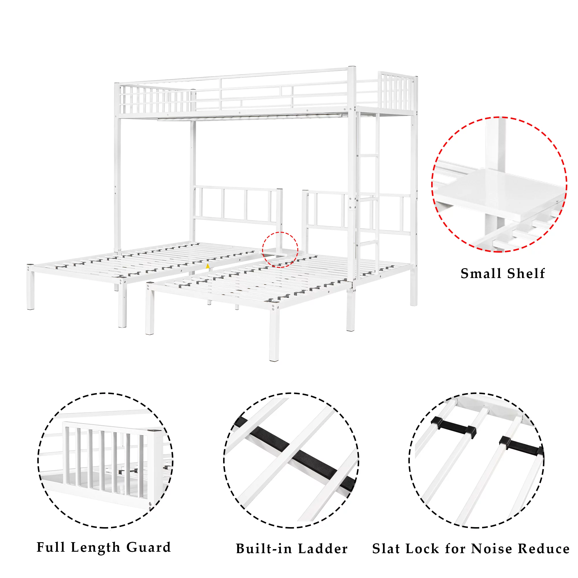 Triple Metal Bunk Bed Twin over Twin with Ladder for Kids, Boys & Girls, Convertible Bunk Set, White