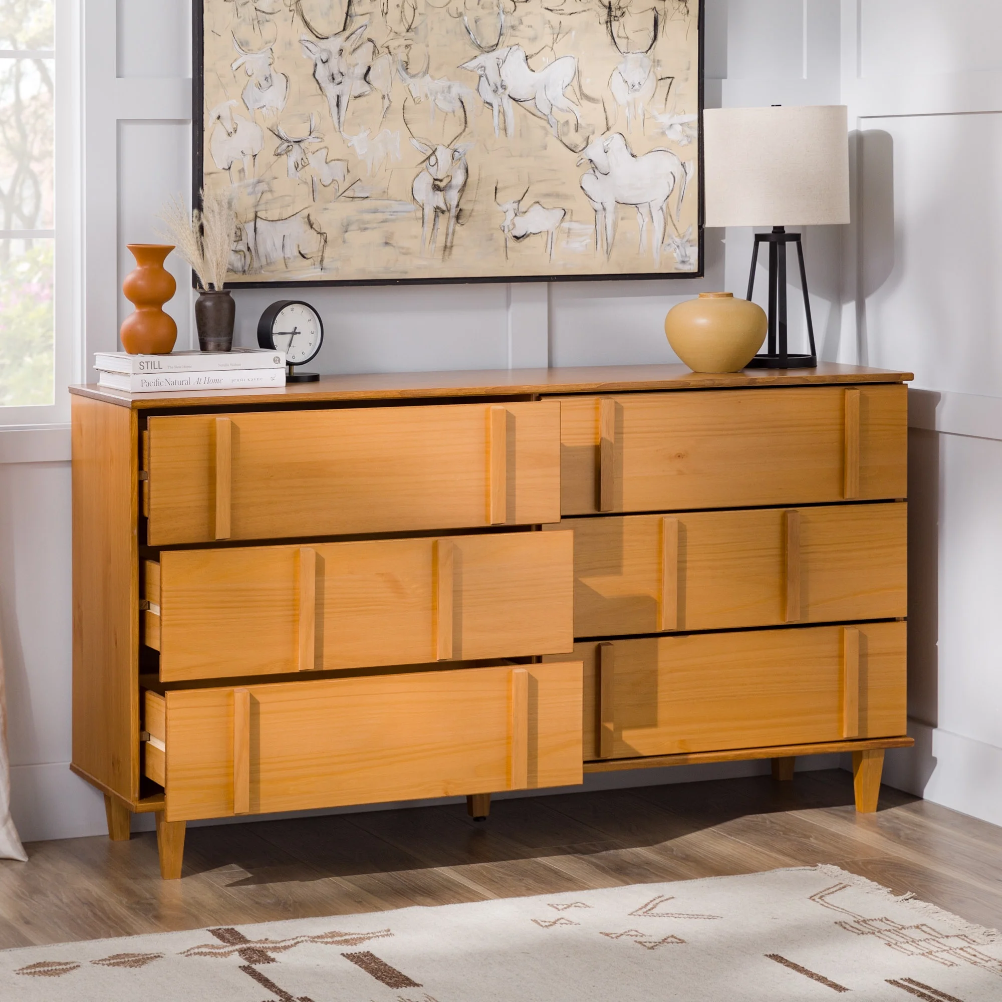 Walker Edison 60” Contemporary Vertical Drawer Pulls Solid Wood Dresser, Caramel