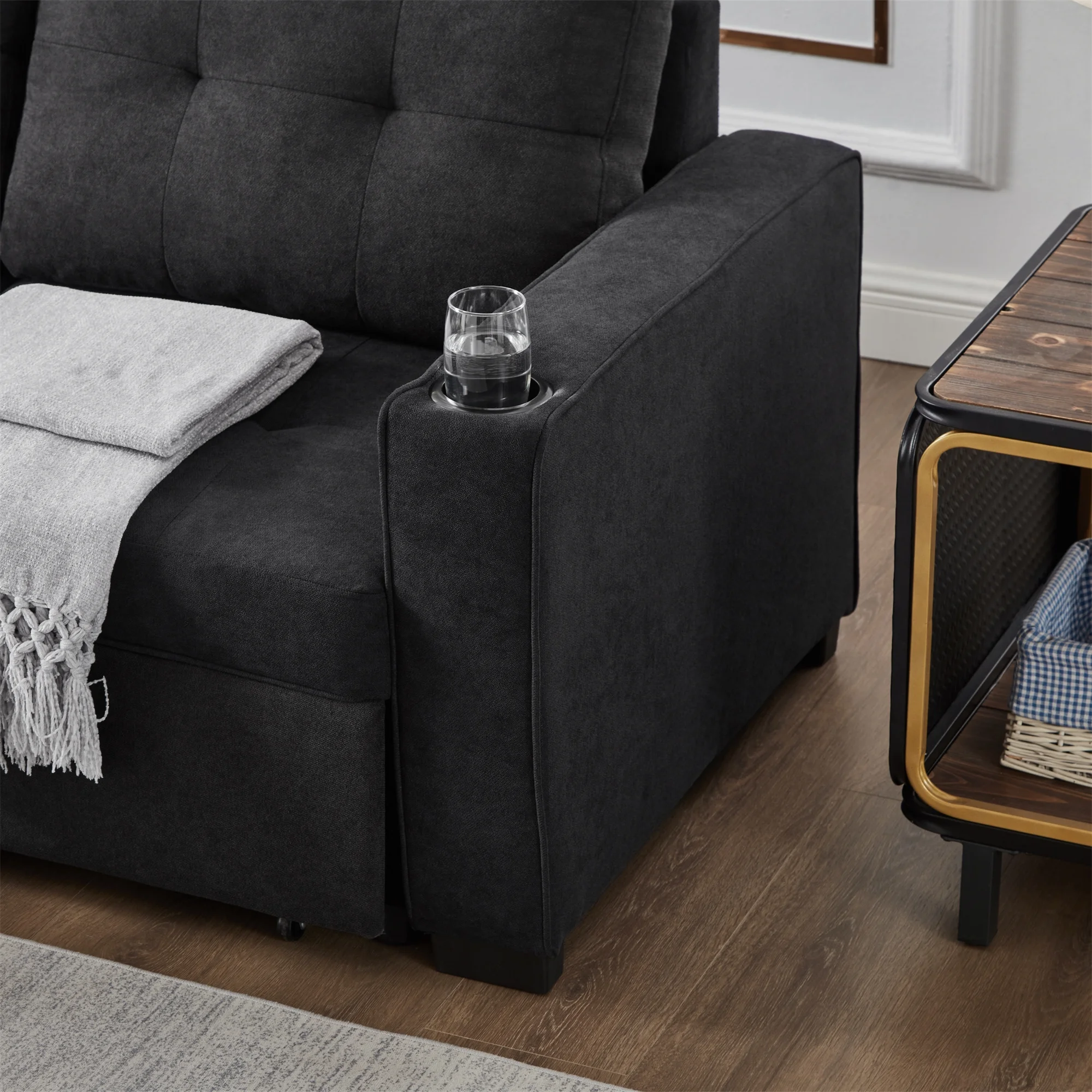 GEXPUSM Sleeper Sofa, Modern Convertible Black Sofa Bed with Pull Out Couch Bed, L Shaped Sofa with Storage Chaise, Linen Couches for Living Room