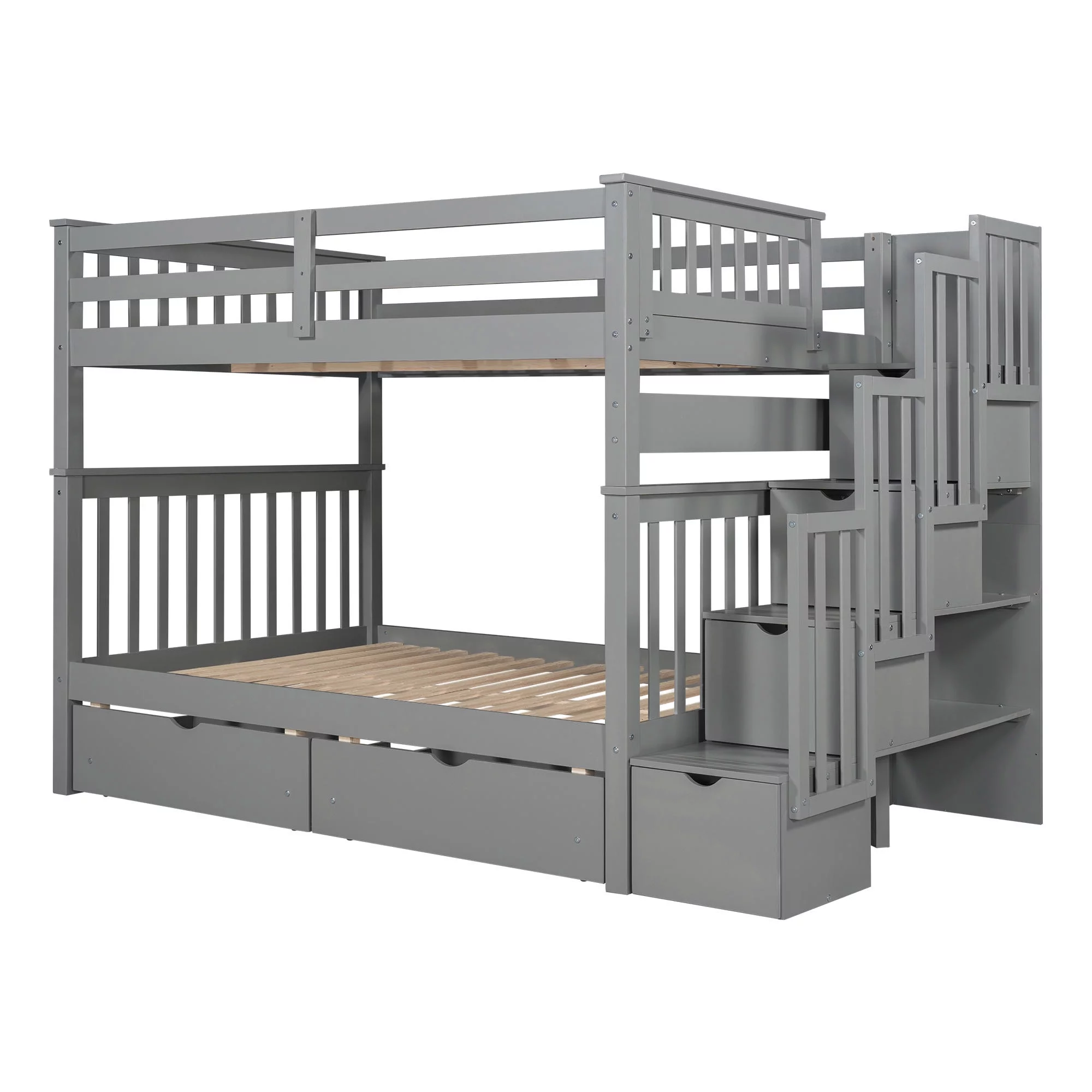 Docooler Full Over Full Bunk Bed with Shelves and 6 Storage Drawers, Gray