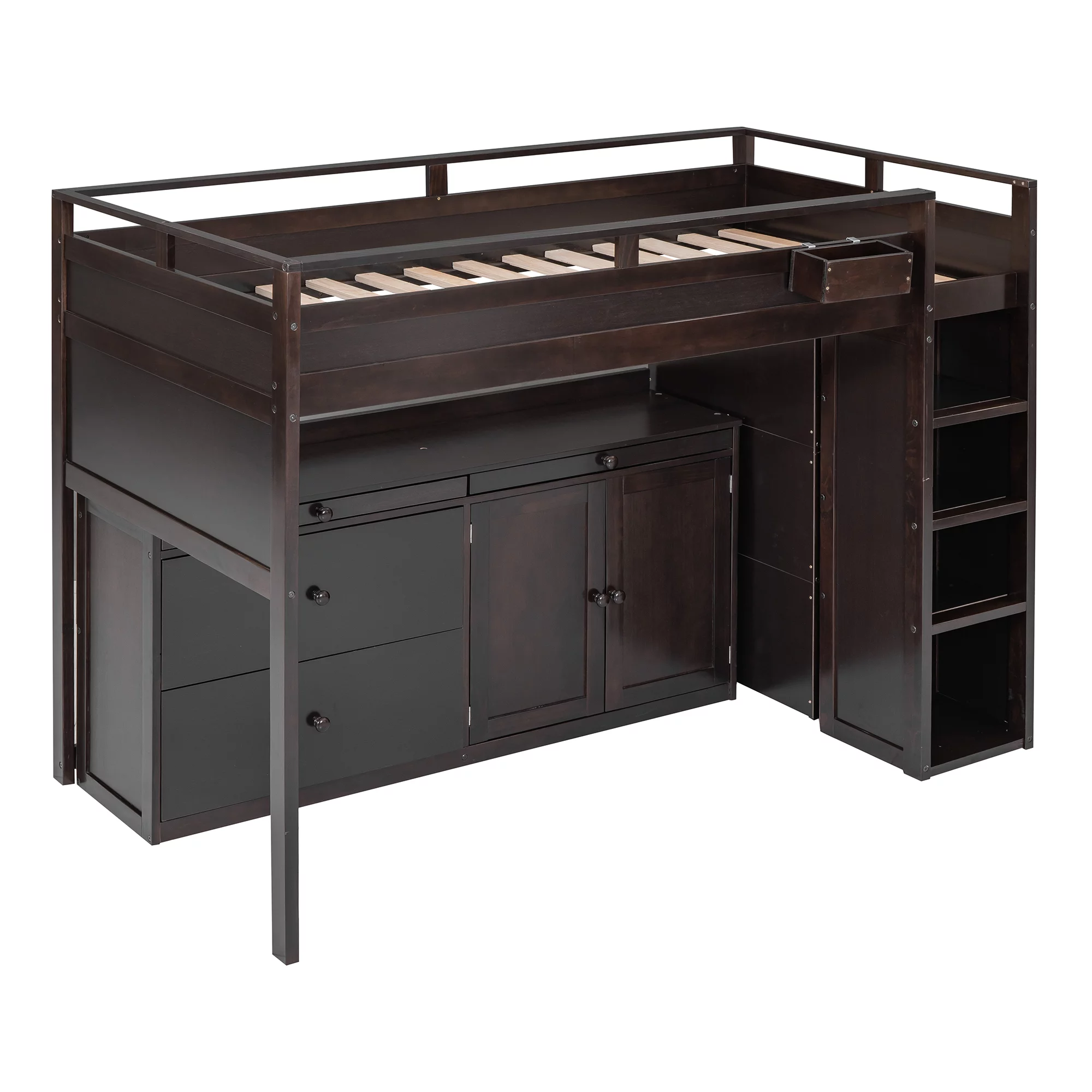 CoSoTower Loft Bed with Rolling Cabinet and Desk - Espresso