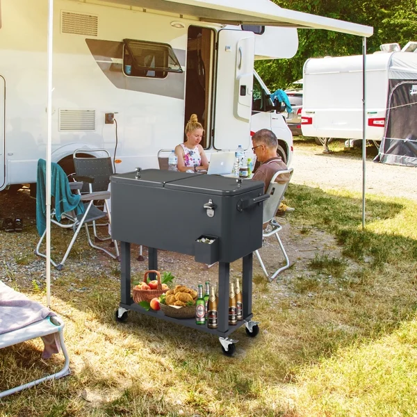 80 Quart Rolling Ice Chest Cooler Cart,Patio Backyard Party Drink Beverage Bar Stand Up Cooler Trolley with Ice Scoop