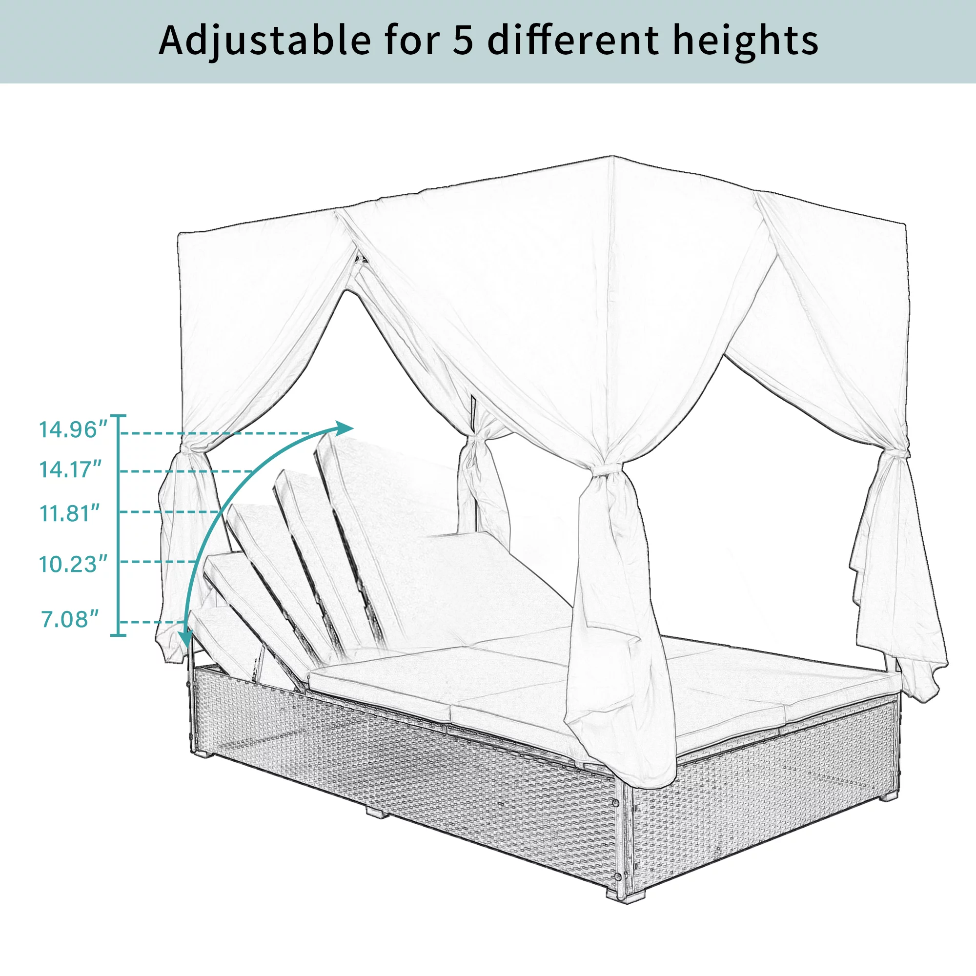 uhomepro Pool Furniture Outdoor Lawn Backyard Poolside Garden Rectangle Daybed, Outdoor Chaise Lounge with Canopy, Overhead Curtains, Cushions, Adjustable Seat, Blue