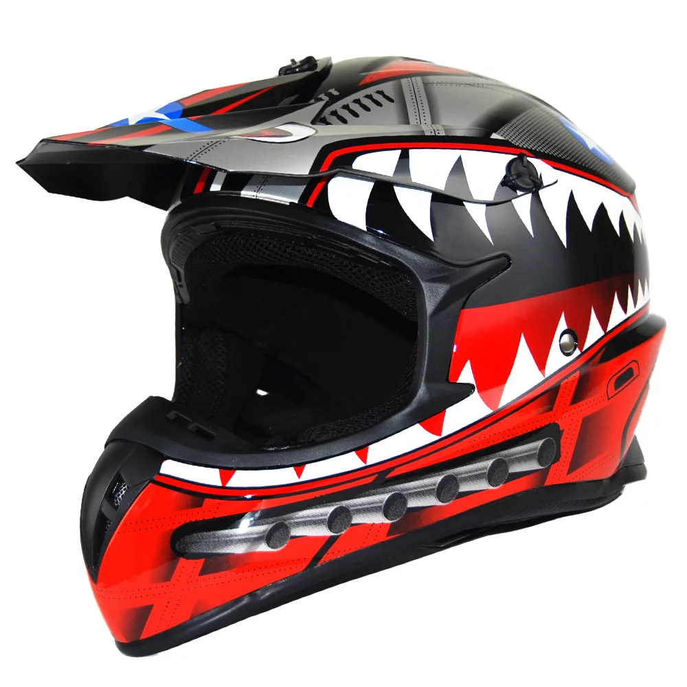 1Storm Adult Motocross Helmet BMX MX ATV Dirt Bike Downhill Mountain Bike Helmet SC09S Monster Shark Red; + Goggles + Skeleton Red Glove Bundle