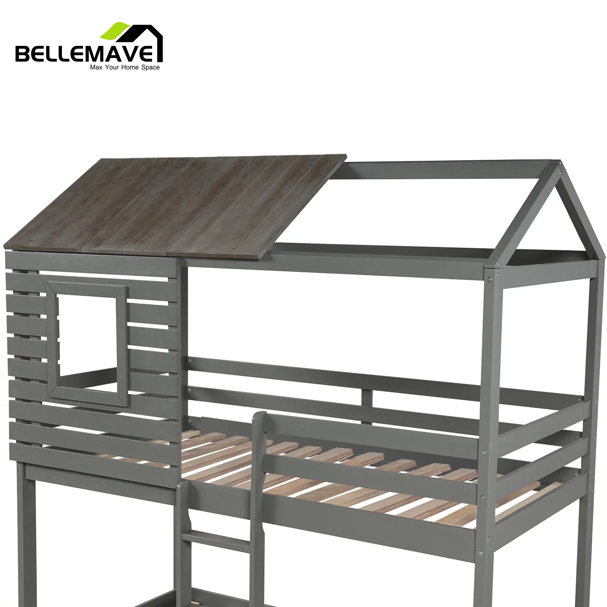 Bellemave Twin over Twin Bunk Bed for Kids, Twin House Bunk Bed with Roof, Window, Guardrail and Ladder, Low House Bunk Bed/Wood Playhouse Bunk Bed for Kids, Girls, Boys(Gray)