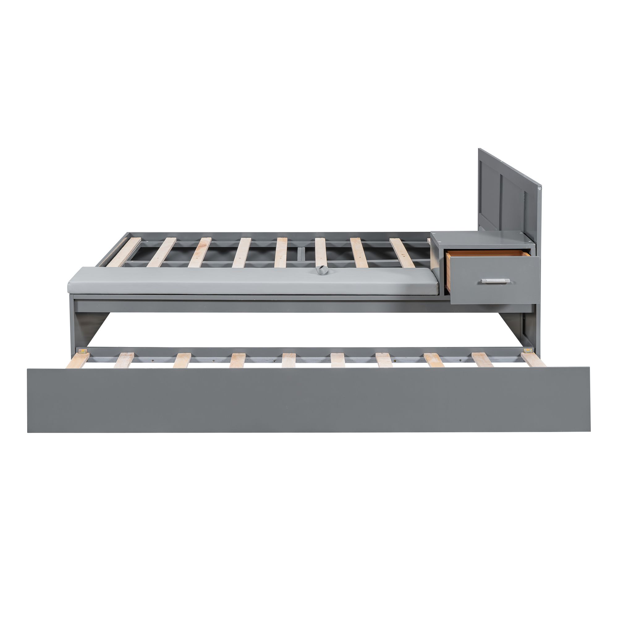 Full Size Solid Storage Hydraulic Wood Bed Frame with Twin Size Trundle, Side Table and Lounge, Platform Bed Frame, Mid Century Bedframe, Wood Foundation(Gray, Full)