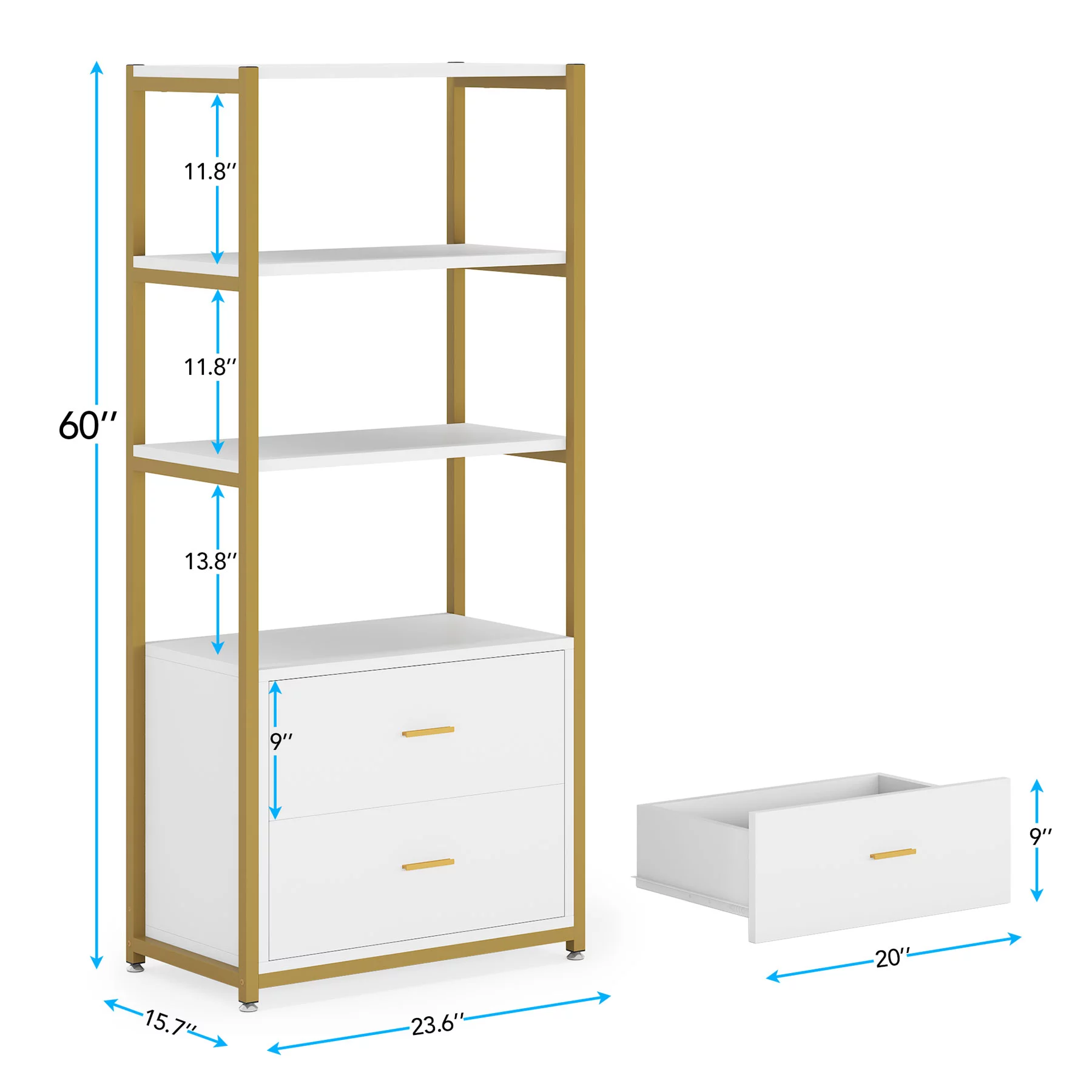 Tribesigns Bookcase, 4-Tier Bookshelf with 2 Drawers for Home Office (Gold/White)