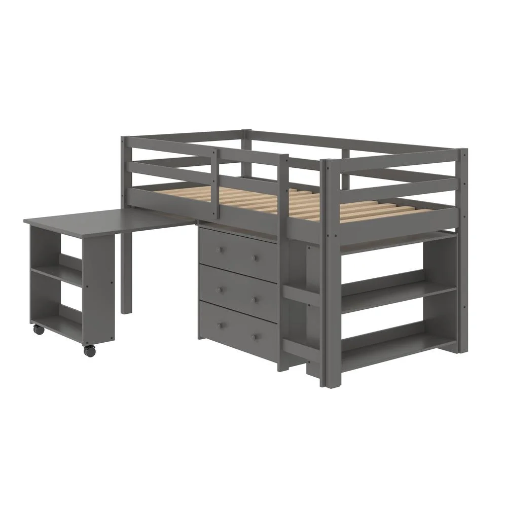 Donco Kids Twin Low Study Loft with Desk, Chest & Bookcase - Dark Grey