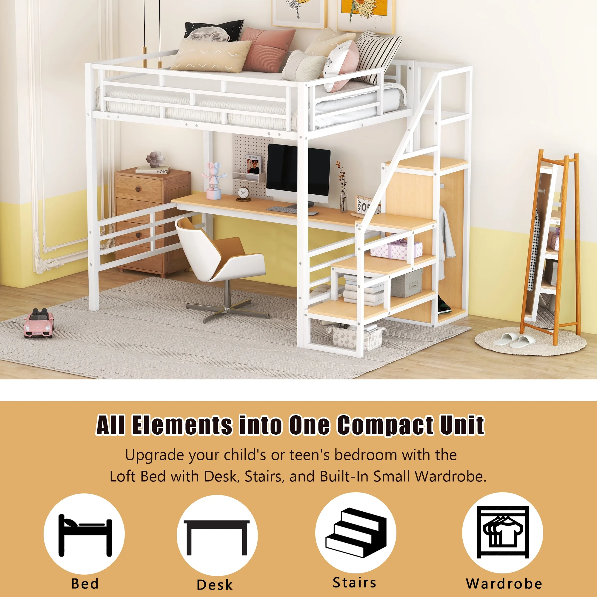 Bellemave Full Size Loft Bed with Desk, Metal Loft Beds with Stair and Built-in Wardrobe, Heavy-Duty High Loft Bed for Kids Teens Adults (White)