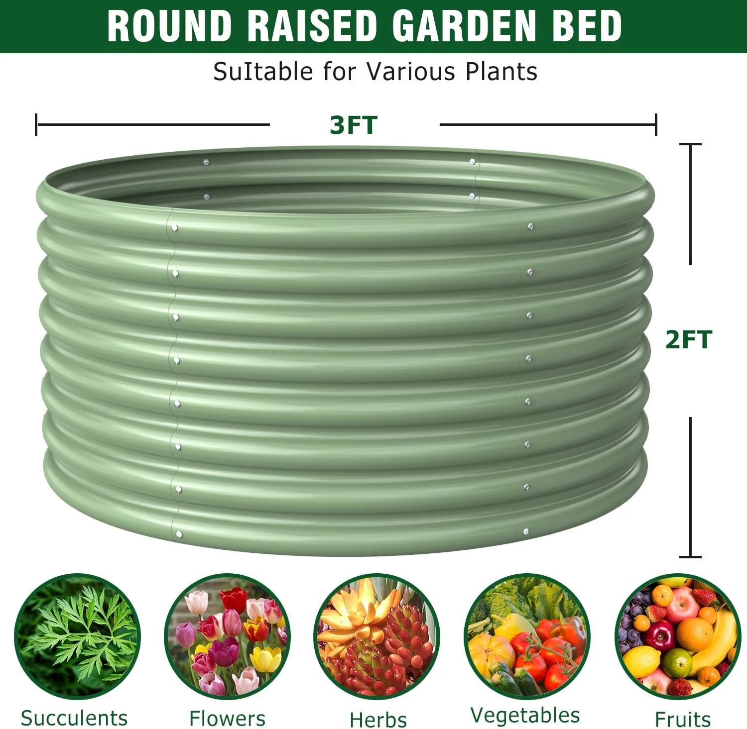 2-Pack 3FT(D) x2FT(H) Round Galvanized Raised Garden Bed Outdoor, Metal Raised Garden Beds for Flower, Raised Planter Box Outdoor for Herb, Vegetable-Light Green