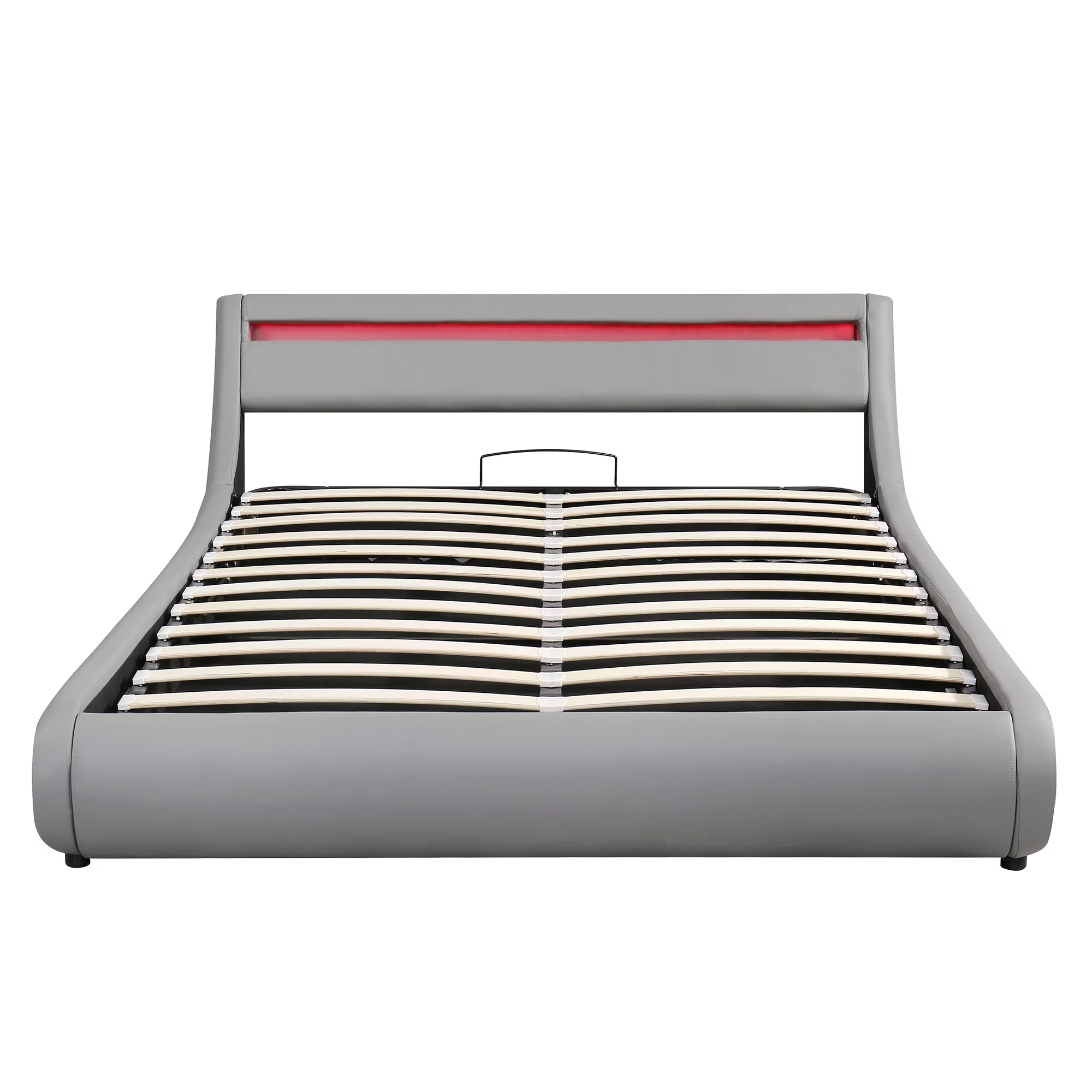 Modern Faux Leather Platform Bed with Hydraulic Storage and LED Light Headboard - Queen Size