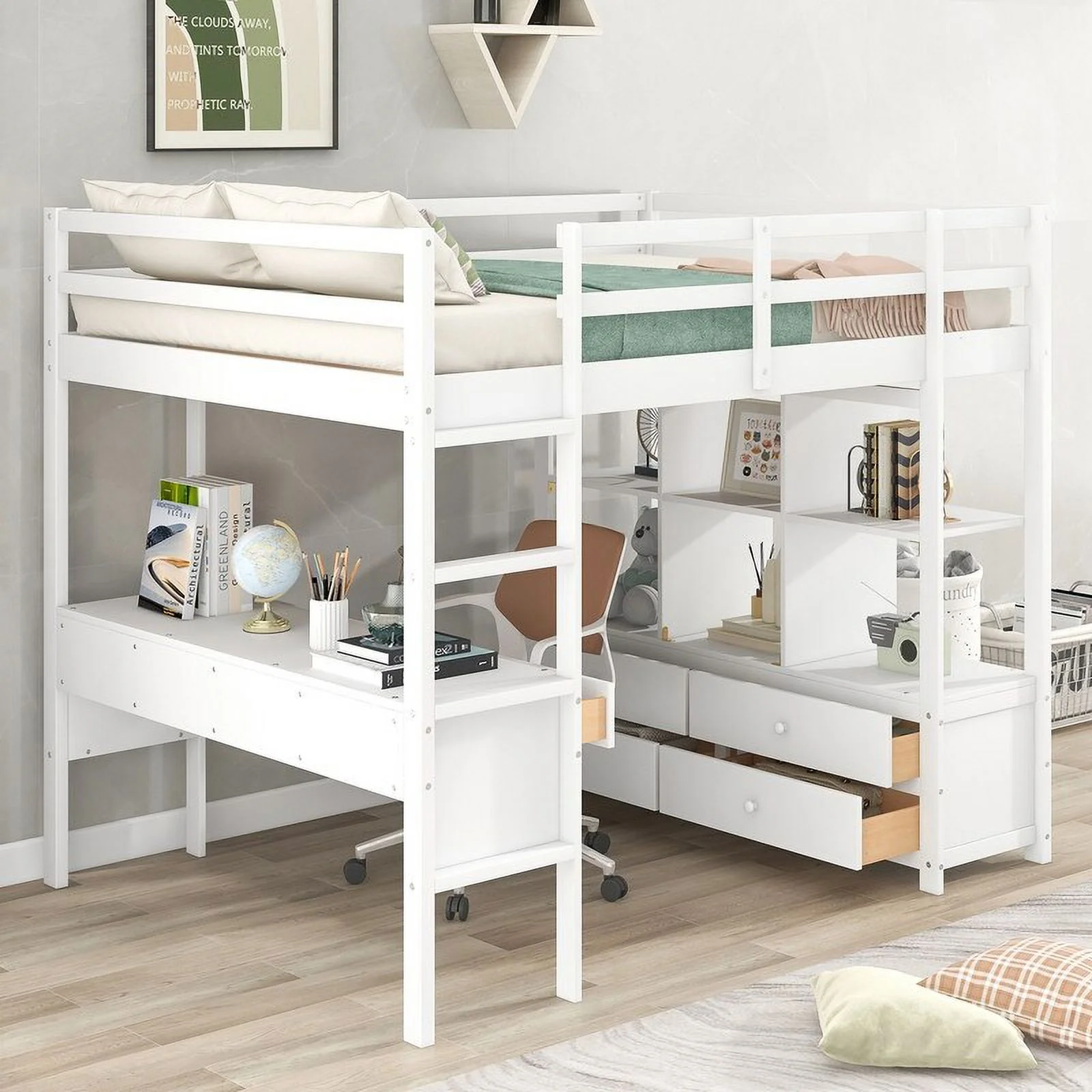 Full Size Wooden Loft Bed with Built-in Desk with Two Drawers, and Storage Shelves and Drawers For Kids White