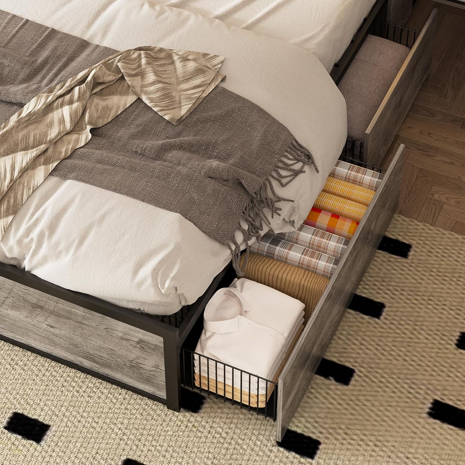 YZboomLife Full Size Led Bed Frame with Charging Station and 4  Drawers  Metal Platform Bed  Upholstered Headboard with 3 Shelves  No Box Spring Needed  Easy Assembly  Gray