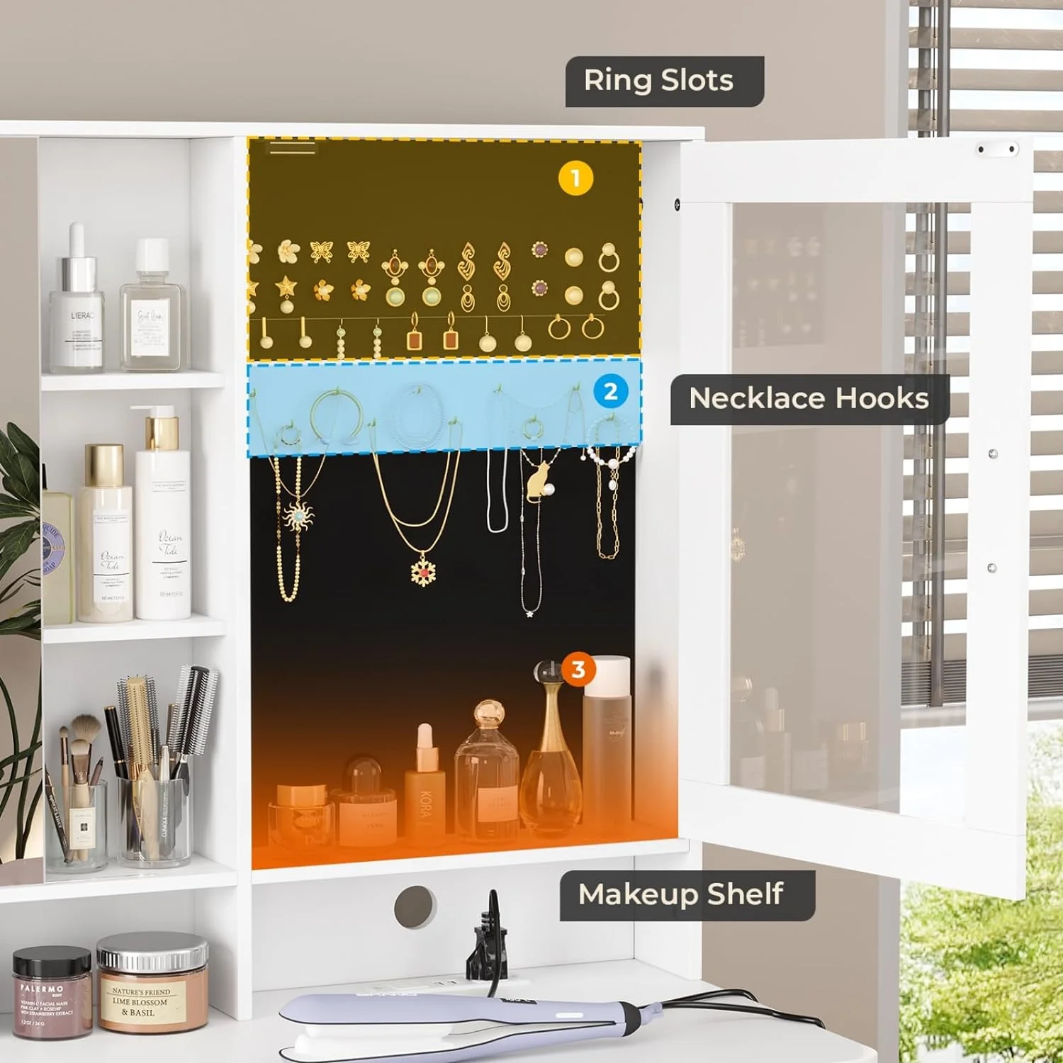 Makeup Vanity Desk with Mirror and Lights, Modern Vanity Desk Dressing Table with Charging Station&2 Drawers&Jewelry Cabinet for Women Girls, White