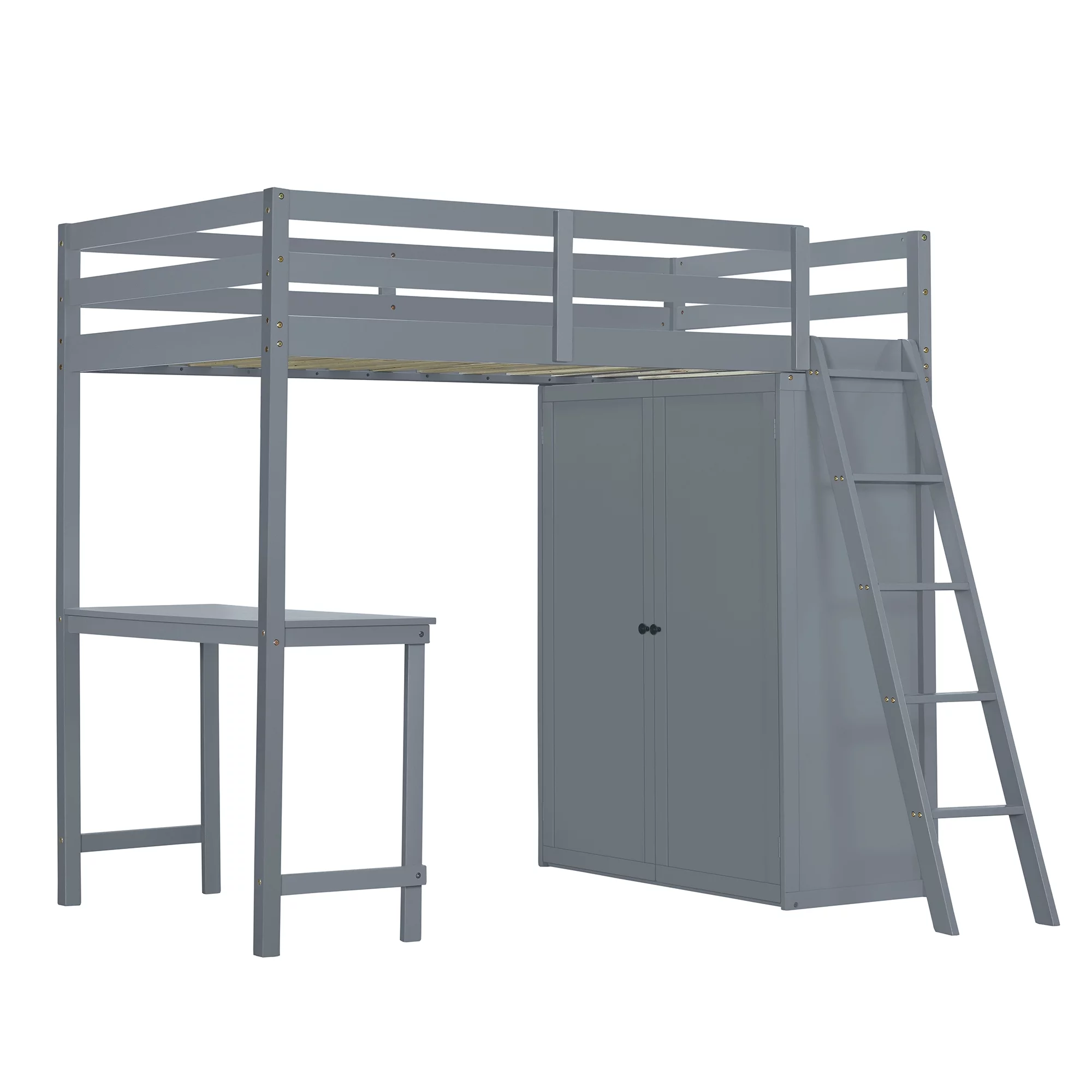 Churanty Twin Size Loft Bed with Wardrobe and Desk for Kids, Wood High Twin Loft Bed Frame with Shelves,Gray