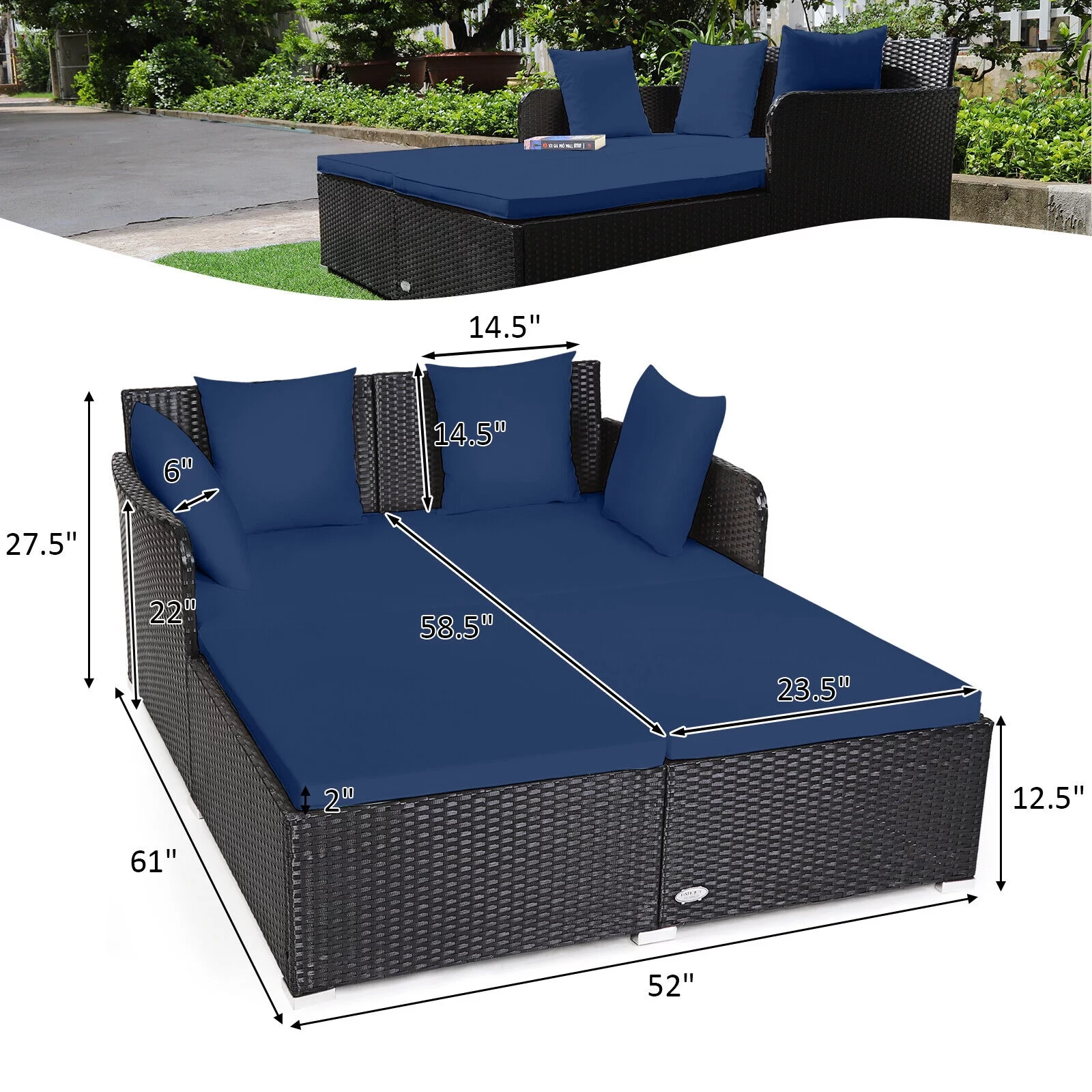 Outdoor Patio Rattan Daybed Cushioned Patio Conversation Set Sofa Furniture, Navy