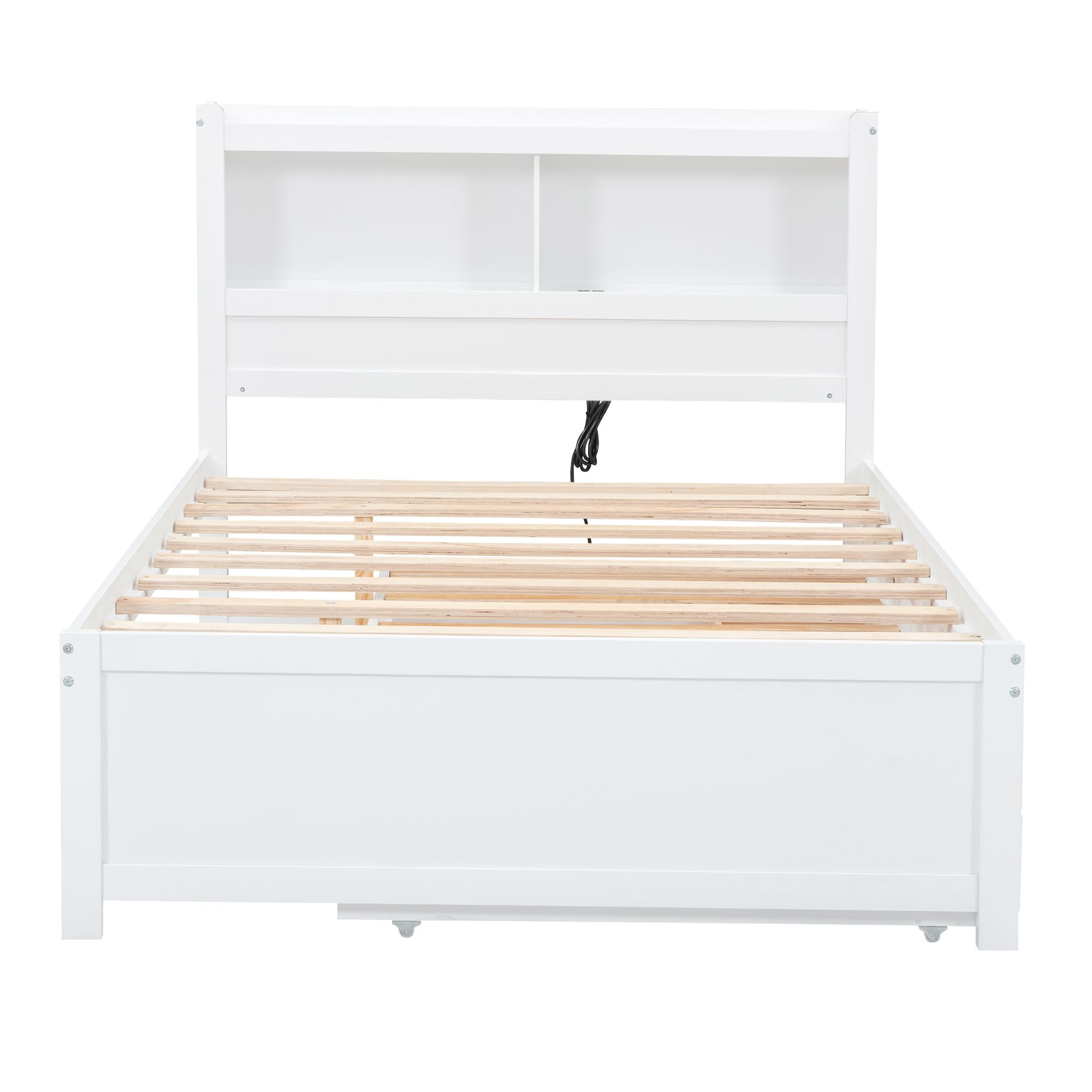 Full Wood Platform Bed Mattress Foundation with Trundle, Drawers and USB Plugs, Bed Frame Storage Bed w/ Wooden Slats for Boy Girl, No Box Spring Needed, Easy Assembly