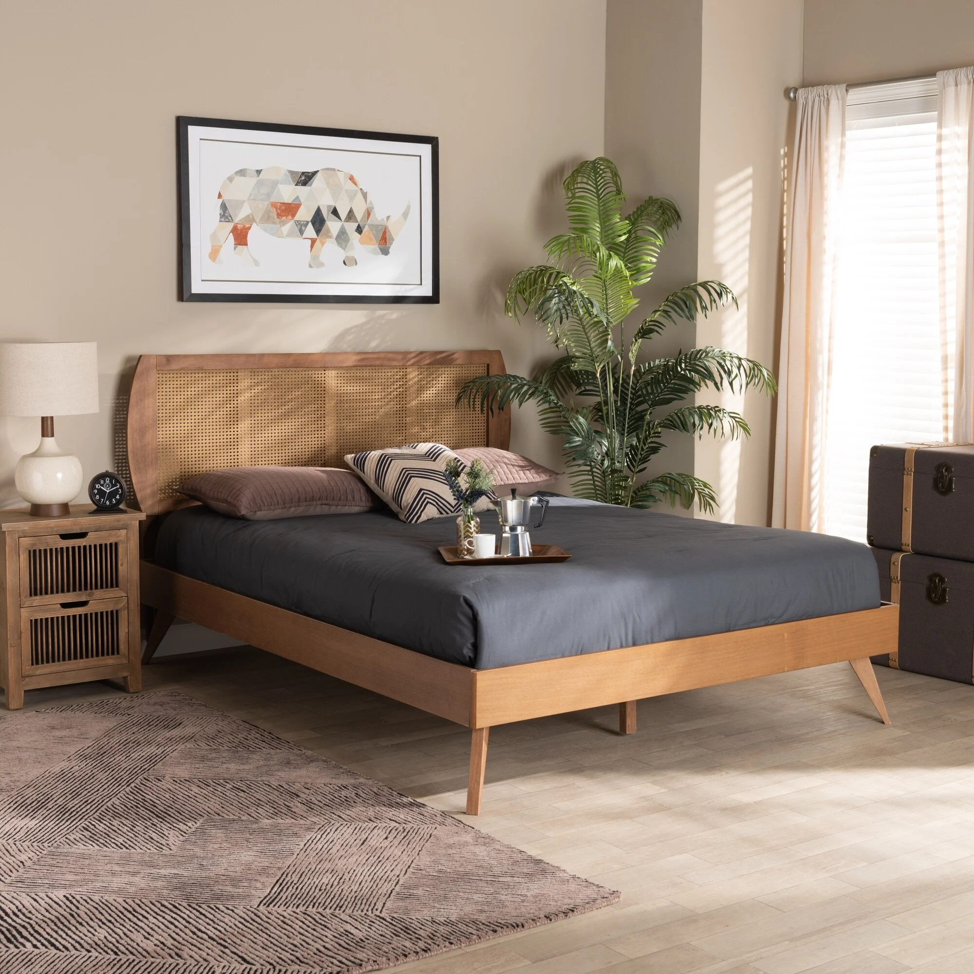 Baxton Studio Asami Walnut Finished Wood and Synthetic Rattan Platform Bed Queen