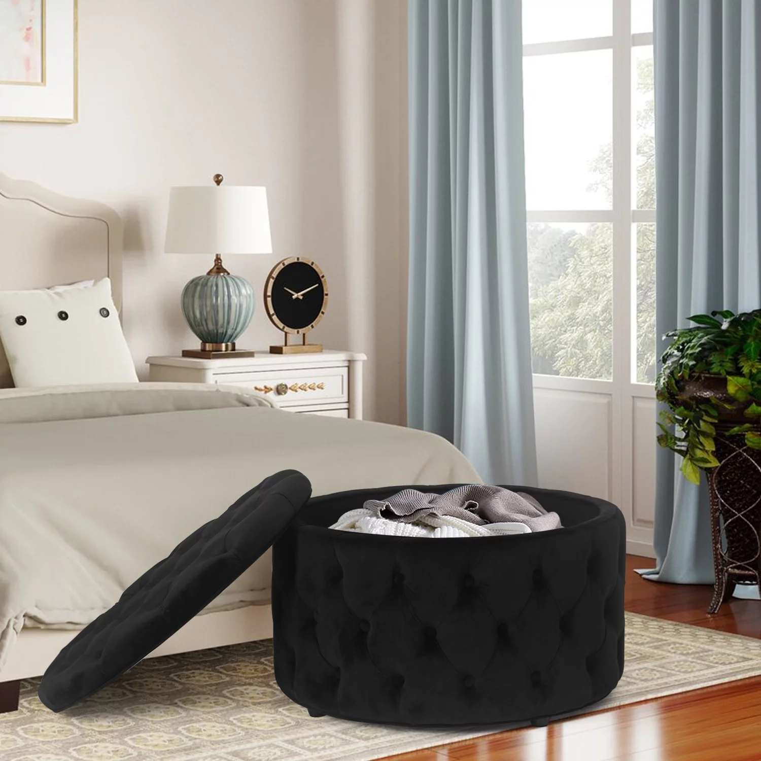 Homebeez Round Storage Ottoman Button Tufted Footrest Stool Coffee Table Children Sofa Stool,Black