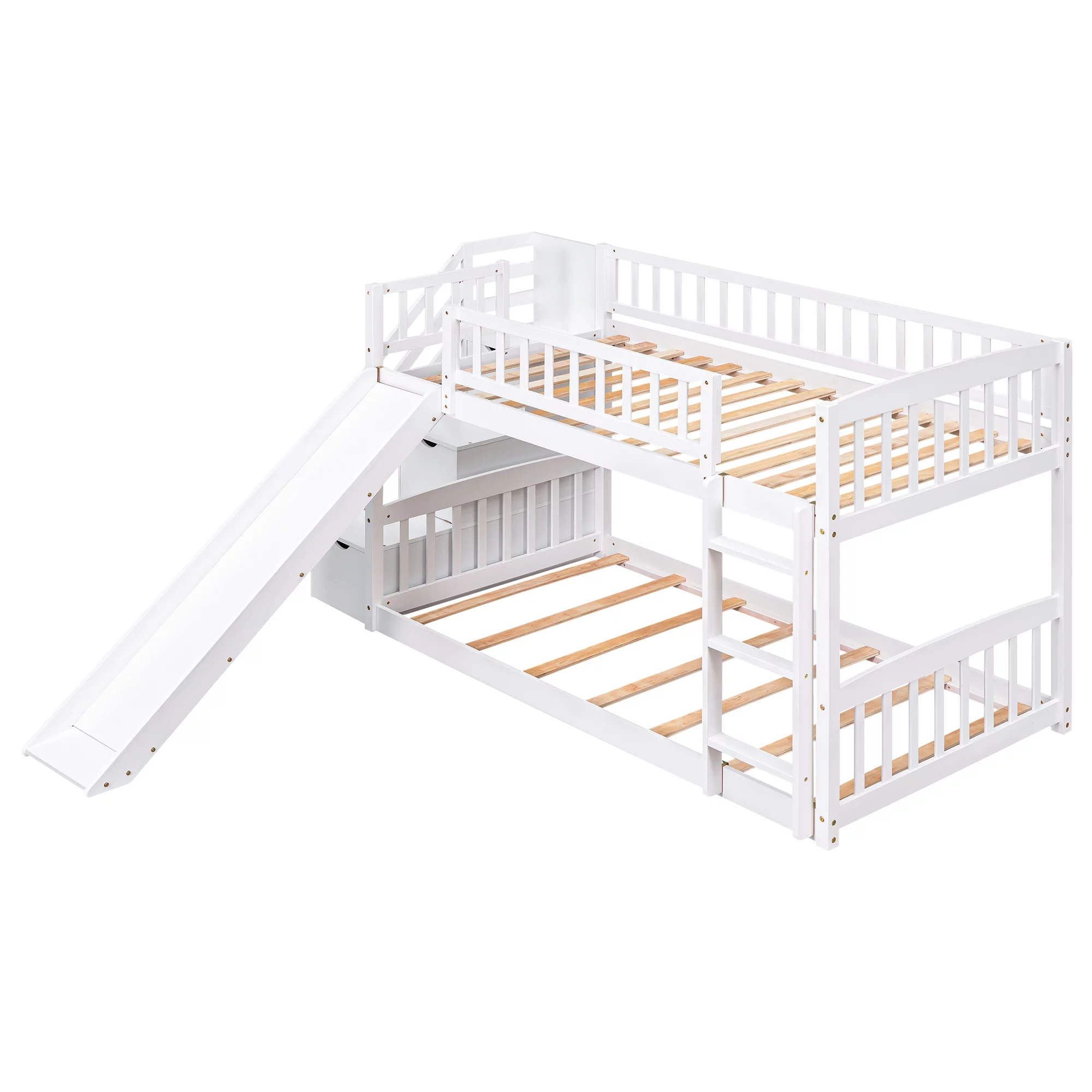 Bellemave Kids Twin Bunk Bed Frame with Slide, Twin over Twin Low Bunk Bed with Stairs and Storage Drawers, Wood Bunk Bed With Slide For Toddlers, Kids, Teens (White)