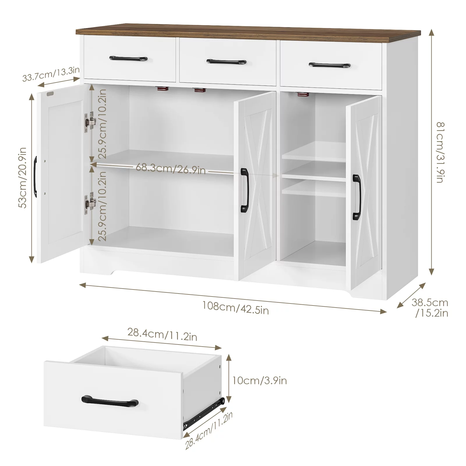Homfa 42.5‘’ Kitchen Buffet Sideboard Cabinet, 3 Drawers Farmhouse Coffee Bar Storage Cabinet with Adjustable Shelf, White