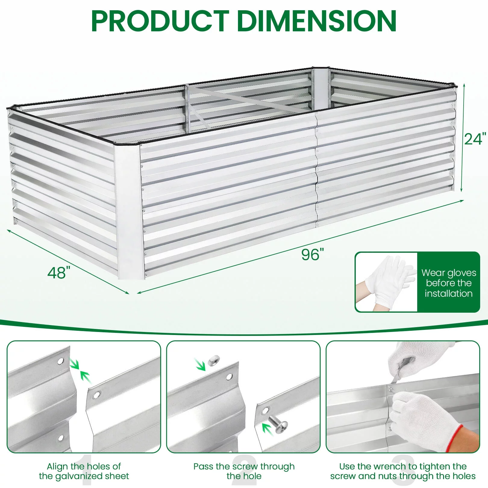 SEJOV 8x4x2ft Outdoor Metal Raised Garden Bed, Planter Box for Vegetables, Flowers, Herbs - Silver