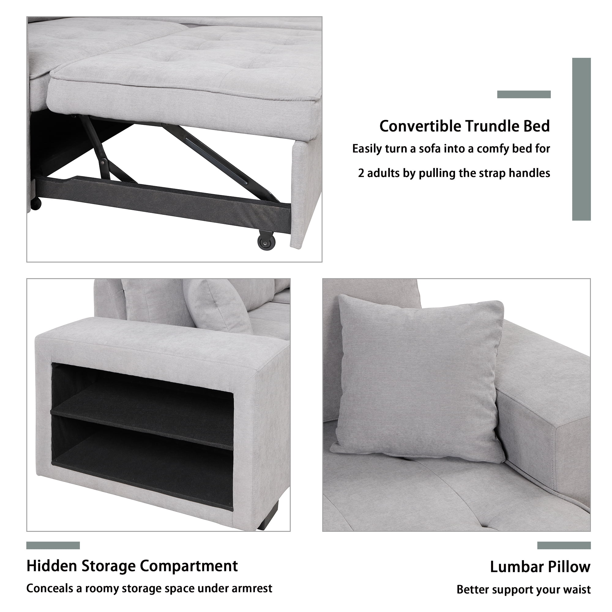 Euroco L-Shape Sectional Sofa 3 Seat Reversible, Pull Out Sleeper Sofa with Chaise, Storage Couch with 2 Stools for Living Room Furniture Set, Light Gray, 104