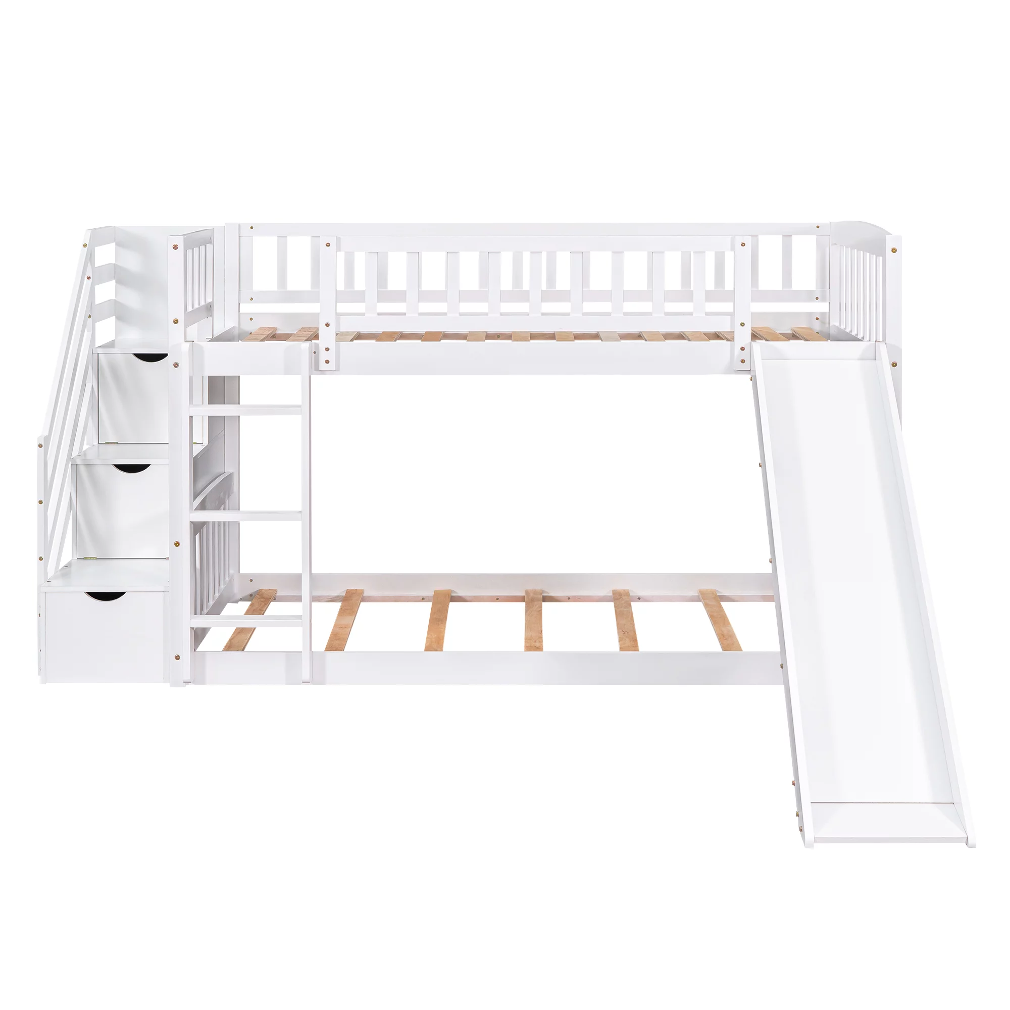 Bellemave Kids Twin Bunk Bed Frame with Slide, Twin over Twin Low Bunk Bed with Stairs and Storage Drawers, Wood Bunk Bed With Slide For Toddlers, Kids, Teens (White)