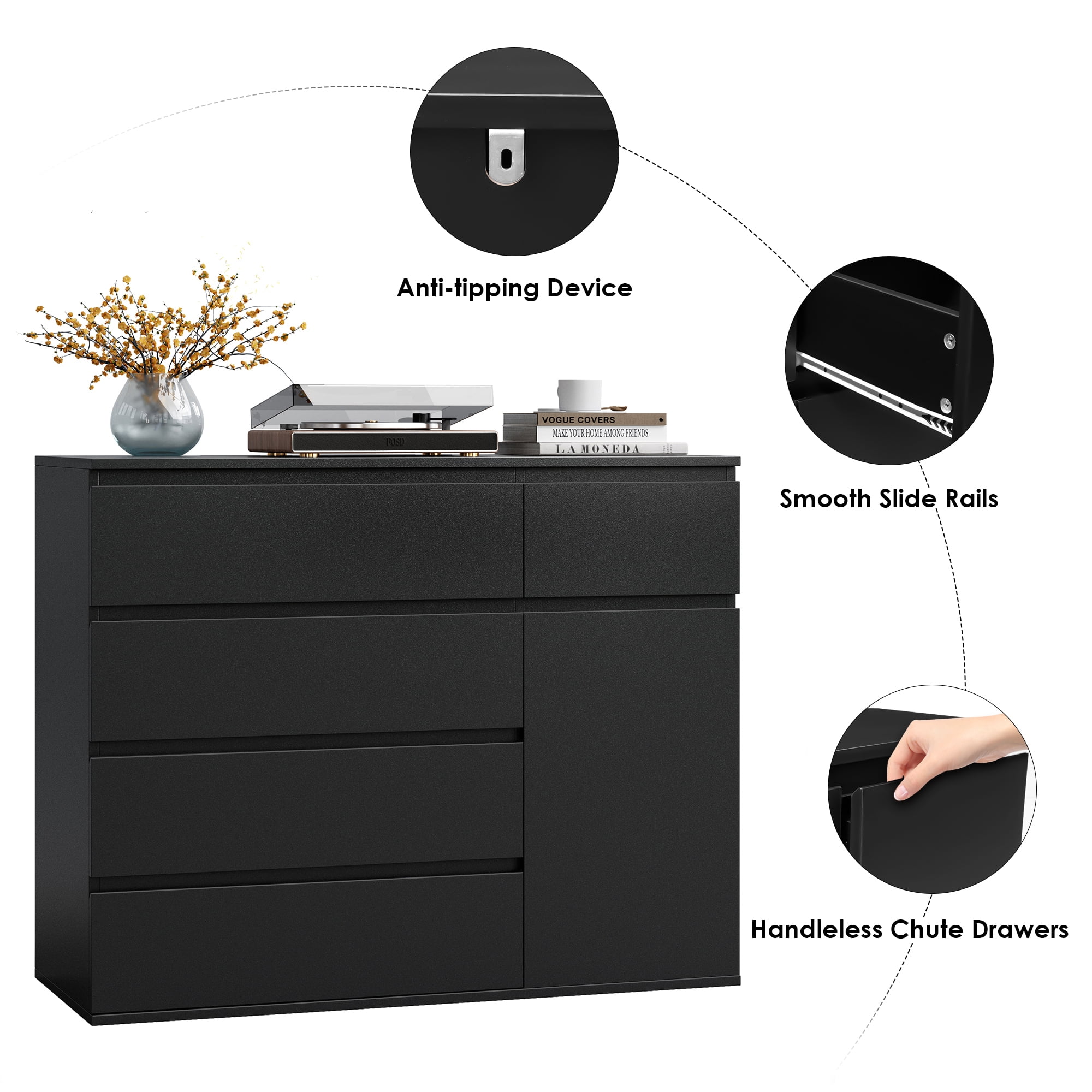 Homfa 5 Drawer Dresser with Door, Modern Accent Storage Cabinet Chest of Drawers for Bedroom Living Room, Black