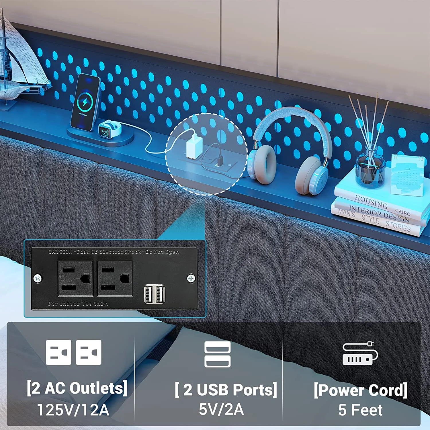 ADORNEVE Full Bed Frame with LED Headboard and 4 Drawers, Upholstered Metal Platform Bed with USB Ports & Charging Outlets, Verticle Channel Tufting, Dark Gray