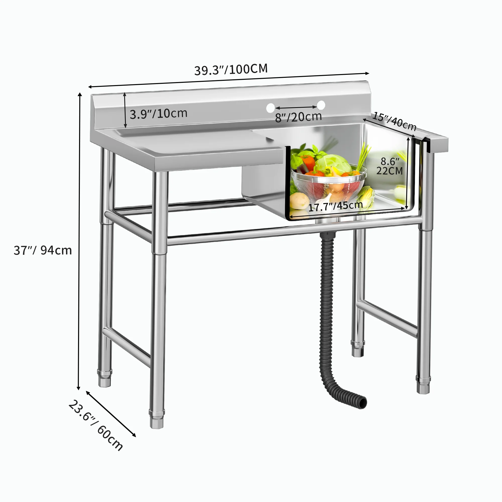 Dextrus Stainless Steel Kitchen Sink with Drainboard Freestanding Commercial Sink for Restaurant, Laundry, Garage, Workshop Sink