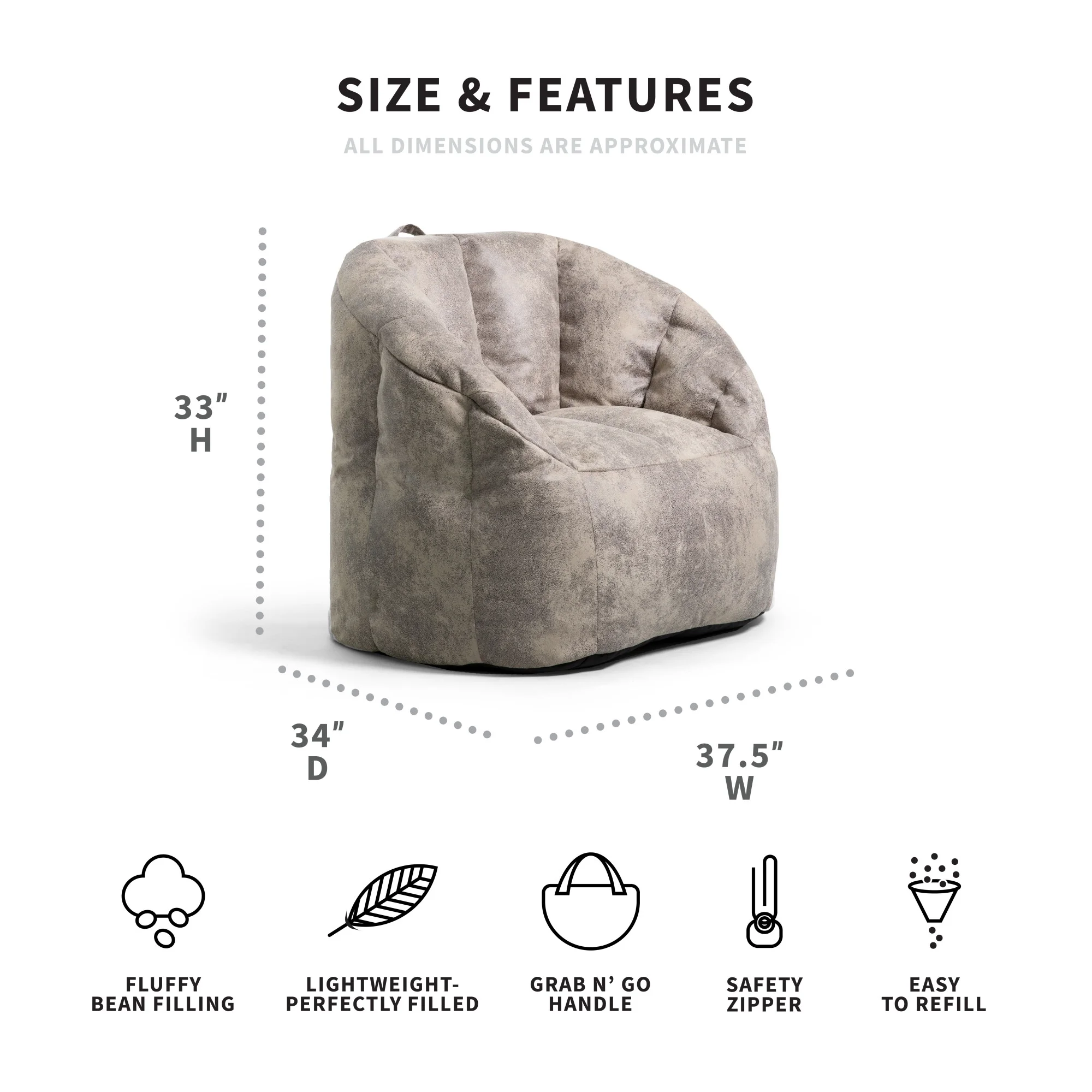 Big Joe Milano Large Bean Bag Chair, Cement Blazer, Vegan Leather Polyester Blend, 3.5 feet Big