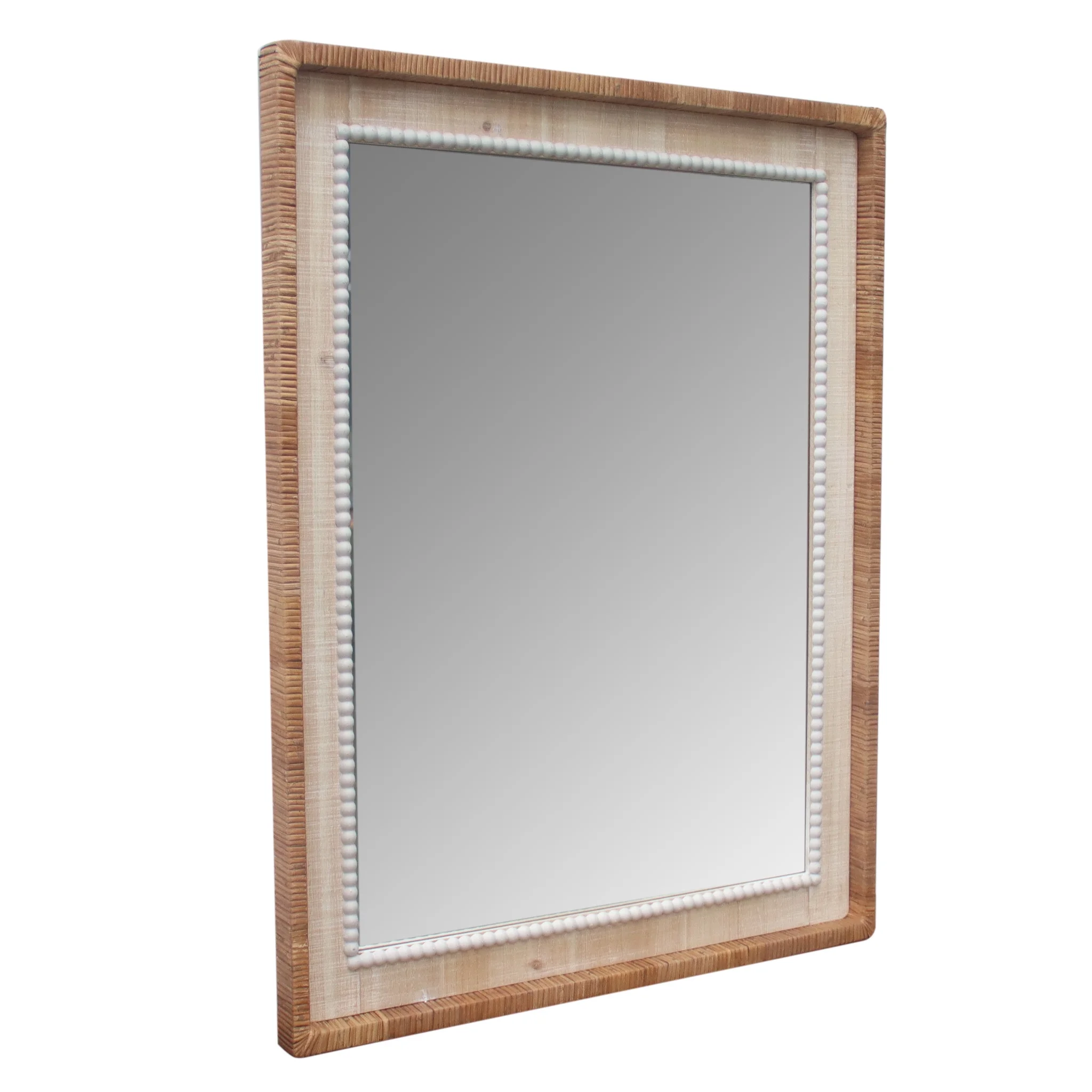Parisloft Rectangular Bead Accent Rattan and Wood Wall Mirror, Farmhouse Wall Mirror, Brown and White, 25.8 x 33.75 inches
