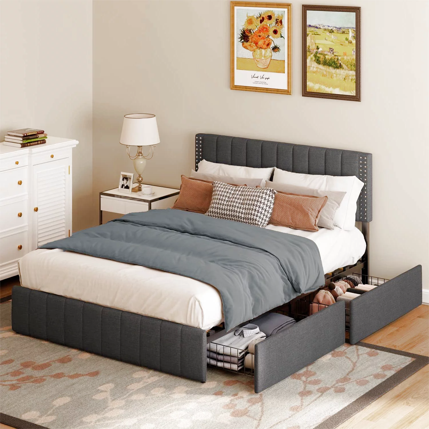 Lofka Full Bed Frame with 4 Drawers(Wheeled) and Adjustable Headboard Platform Bed Dark Grey