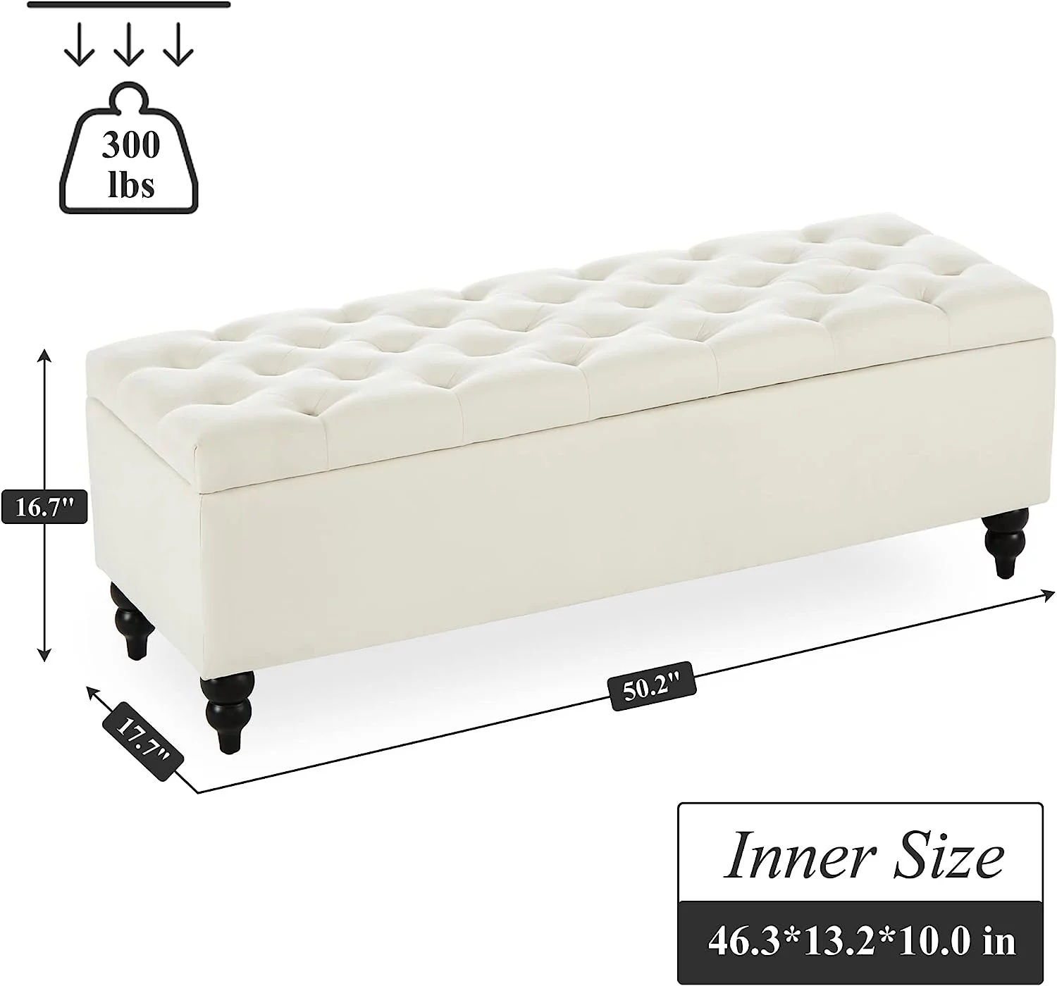 Storage Ottoman Bench, 50.2 Inches Upholstered Fabric Storage Ottoman Bench, Button Tufted Ottoman with Large Storage, End of Bed Bench, for Living Room, Entryway, Bedroom (Ivory)