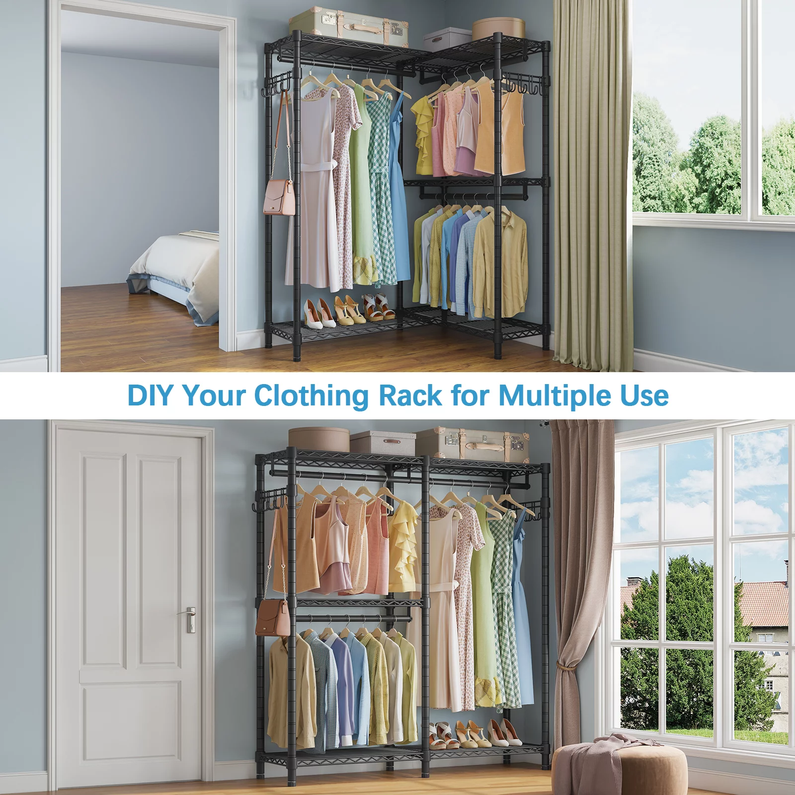 VIPEK L4 Garment Rack L Shaped Clothes Rack for Corner, Freestanding Portable Wardrobe Closet Heavy Duty Clothing Rack, Black