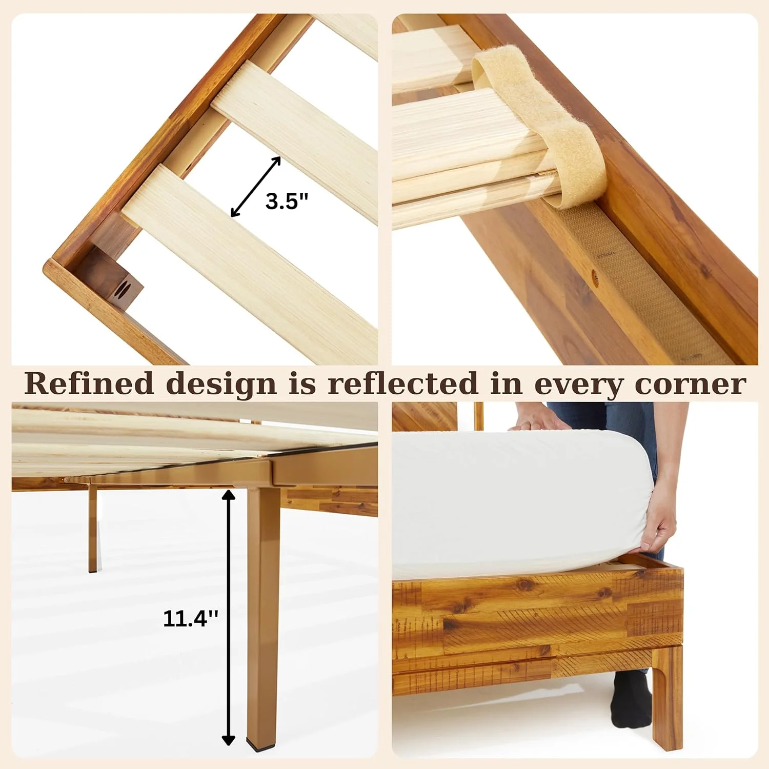 Bme King Size | Vivian 79x82x14in Deluxe Bed Frame with Headboard, Rustic Style, Solid Acacia Wood