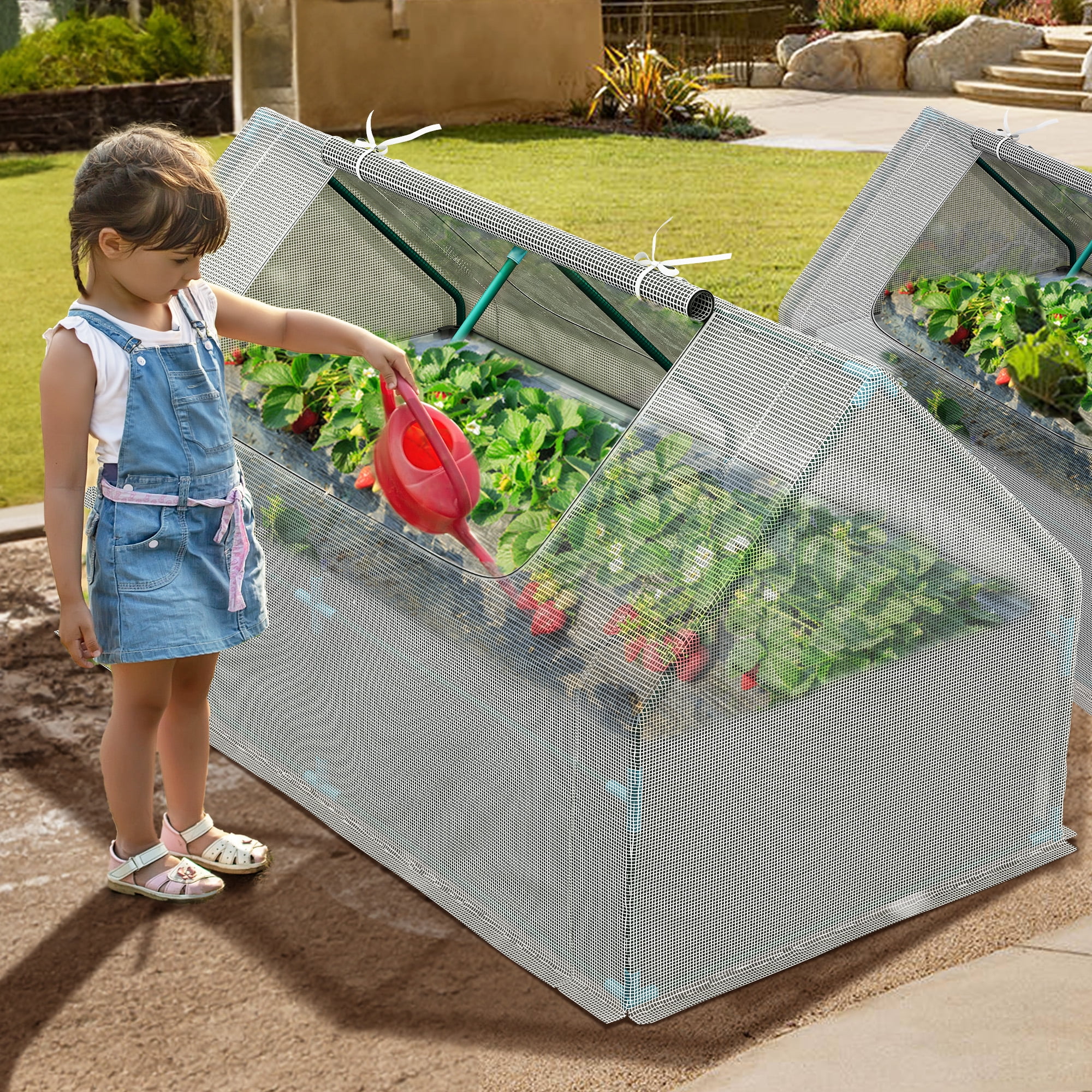 Dextrus 7.5x4x4FT Raised Garden Bed with Cover Extra Large Metal Planter Box Outdoor Flower Bed with Mini Greenhouse 2 Zipper Screen Windows for Outdoor Growing Vegetable, White