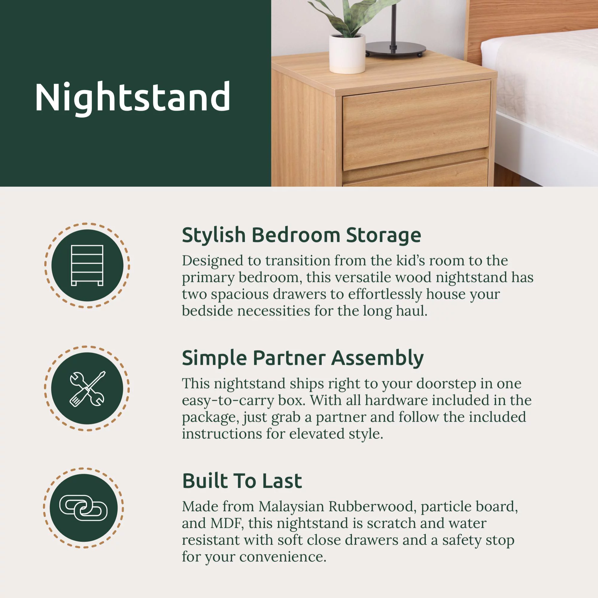 Rest Haven Modern Wood 2-Drawer Nightstand with Square Legs, Light Oak
