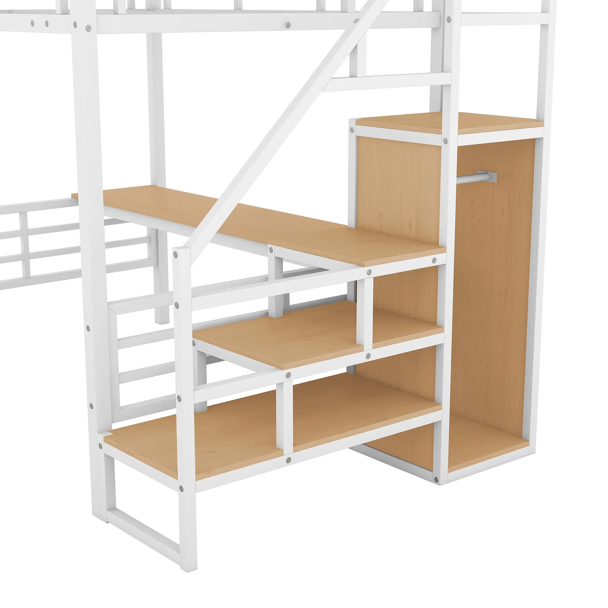 Bellemave Full Size Loft Bed with Desk, Metal Loft Beds with Stair and Built-in Wardrobe, Heavy-Duty High Loft Bed for Kids Teens Adults (White)